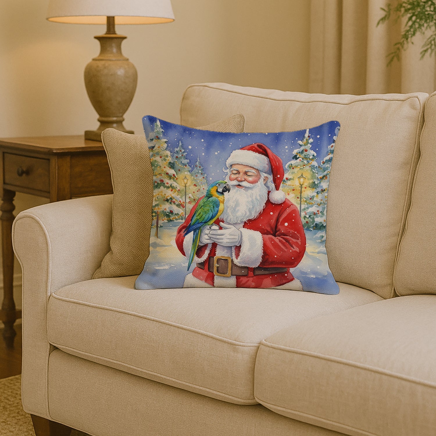 Blue Fronted Amazon Parrot with Santa Claus Decorative Throw Pillow 14x14 Indoor Outdoor Accent Cushion, Fabric Cover with Insert for Sofa, Bed, Porch & Living Room