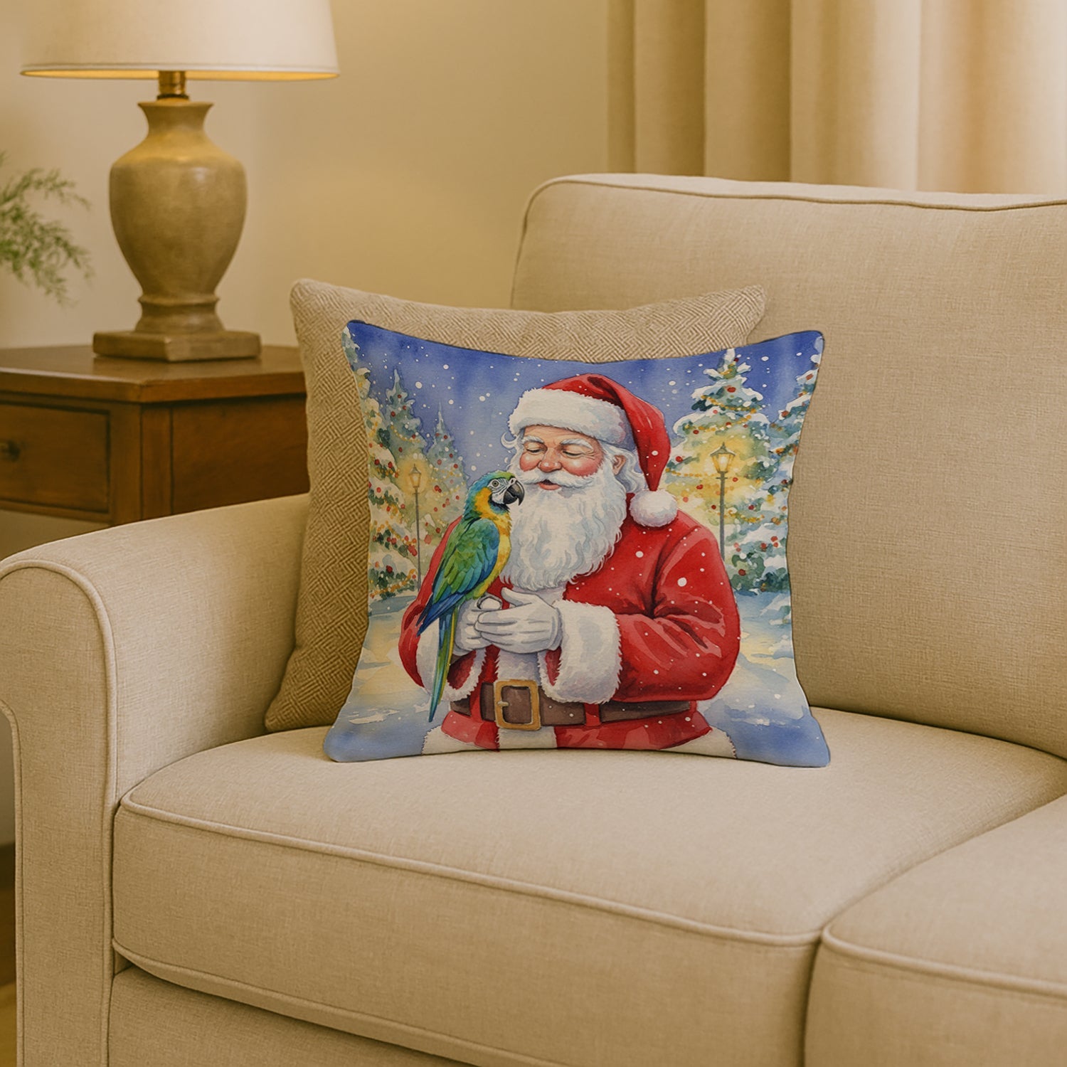 Blue Fronted Amazon Parrot with Santa Claus Decorative Throw Pillow 18x18 Indoor Outdoor Accent Cushion, Fabric Cover with Insert for Sofa, Bed, Porch & Living Room