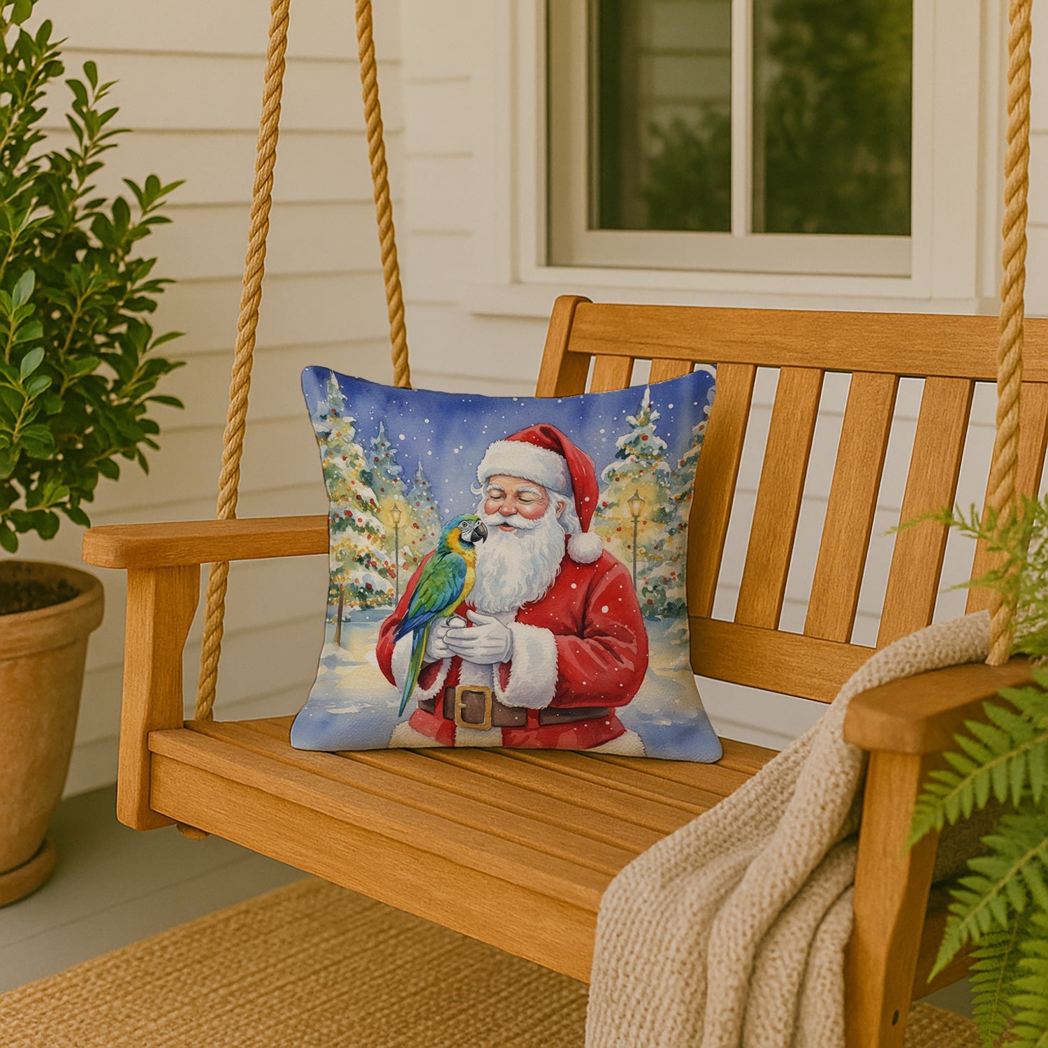 Blue Fronted Amazon Parrot with Santa Claus Decorative Throw Pillow 18x18 Indoor Outdoor Accent Cushion, Fabric Cover with Insert for Sofa, Bed, Porch & Living Room