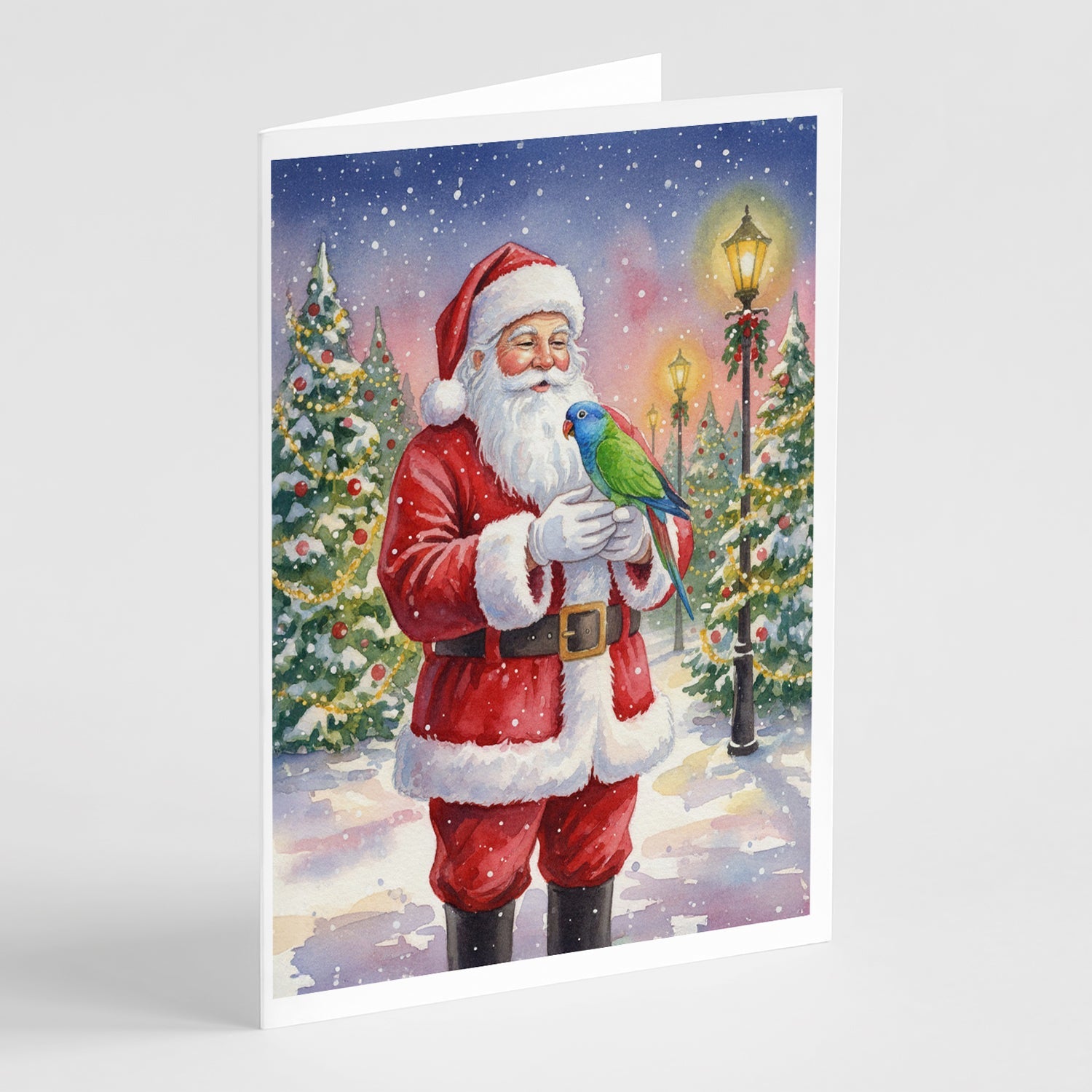 Blue Headed Pionus Parrot with Santa Claus Greeting Cards Pack of 8 Blank Cards with Envelopes Whimsical A7 Size 5x7