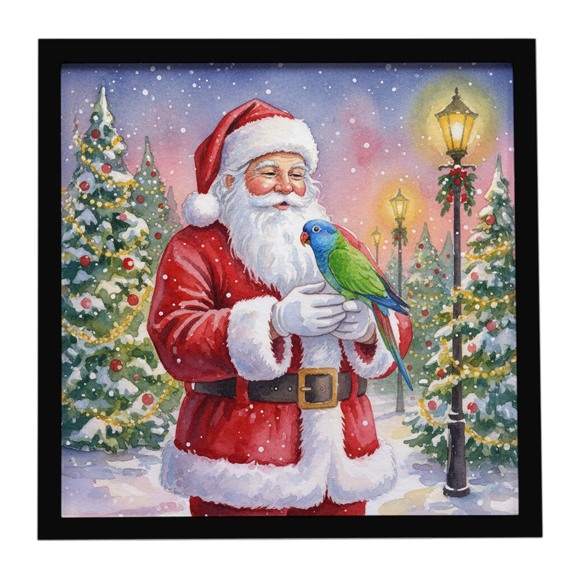 Blue Headed Pionus Parrot with Santa Claus Framed Metal Print Bathroom, Kitchen, Office, Home Decor Wall Art Ready to Hang, Square, 8X8