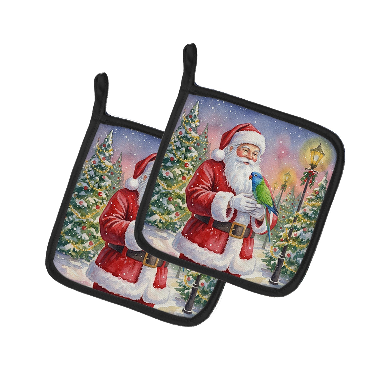 Blue Headed Pionus Parrot with Santa Claus Pot Holder Set of 2 Heat Resistant Quilted Hot Pads 7.5 x 7.5 Inch, Insulated Kitchen Trivets for Cooking & Baking