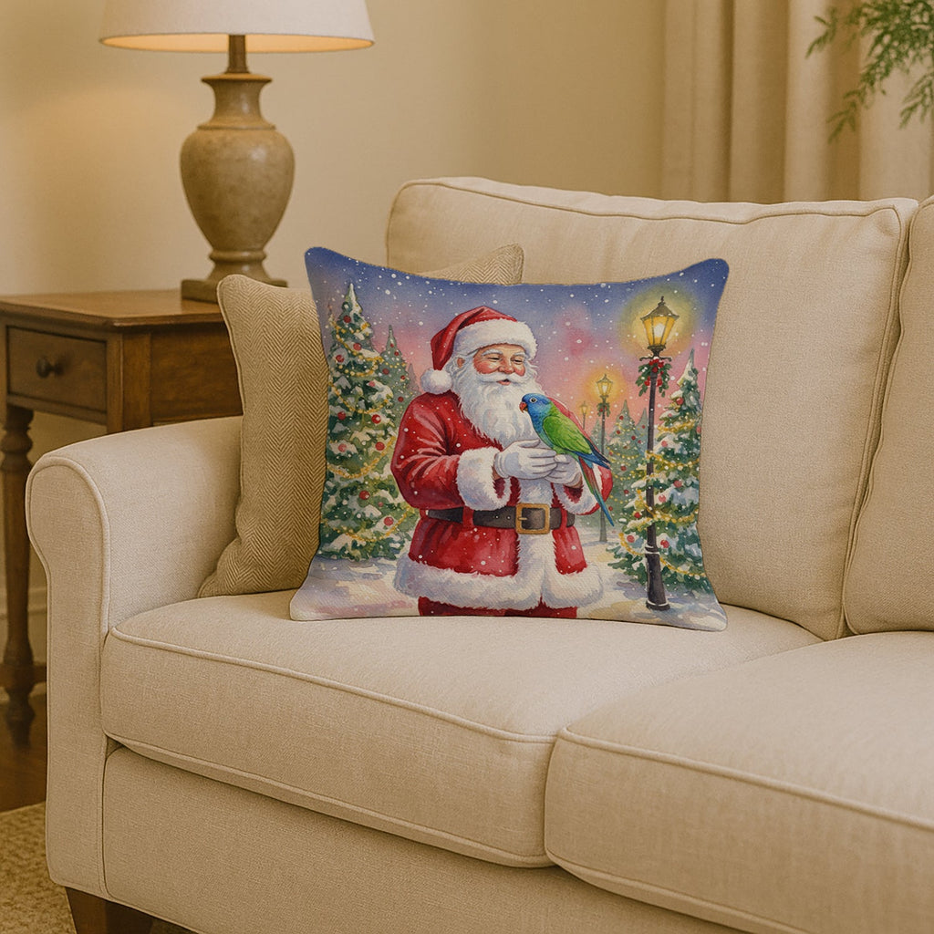 Blue Headed Pionus Parrot with Santa Claus Decorative Throw Pillow 14x14 Indoor Outdoor Accent Cushion, Fabric Cover with Insert for Sofa, Bed, Porch & Living Room