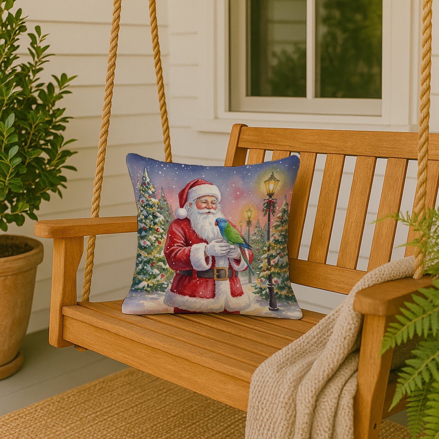 Blue Headed Pionus Parrot with Santa Claus Decorative Throw Pillow 18x18 Indoor Outdoor Accent Cushion, Fabric Cover with Insert for Sofa, Bed, Porch & Living Room