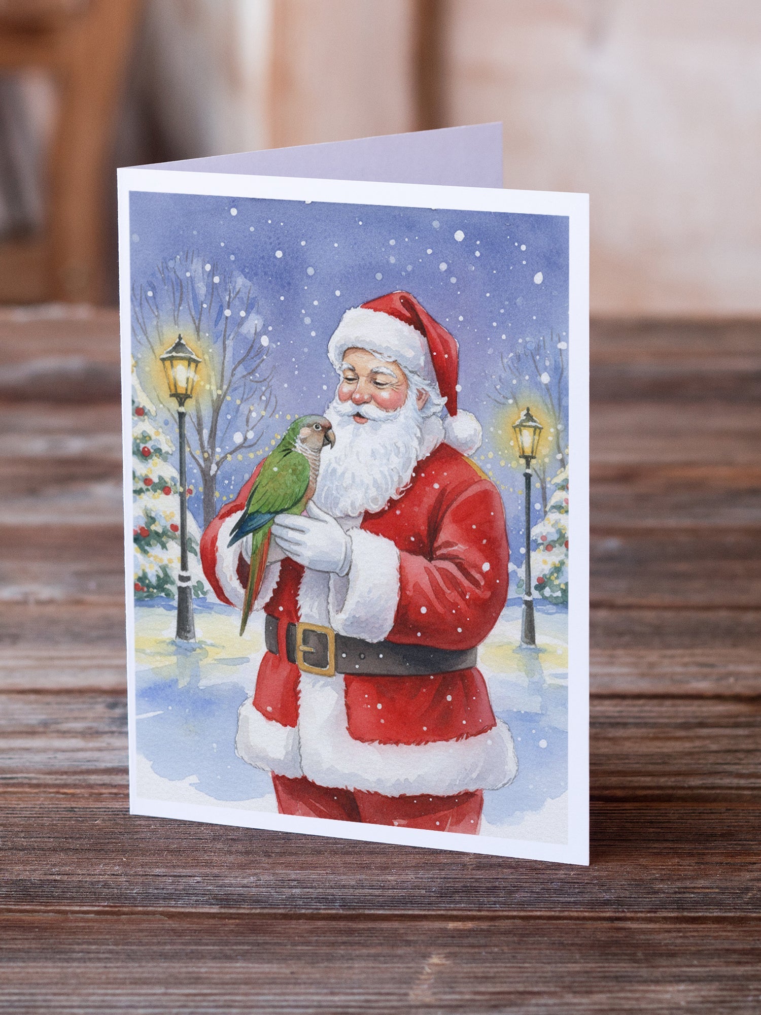 Brown Headed Pionus Parrot with Santa Claus Greeting Cards Pack of 8 Blank Cards with Envelopes Whimsical A7 Size 5x7