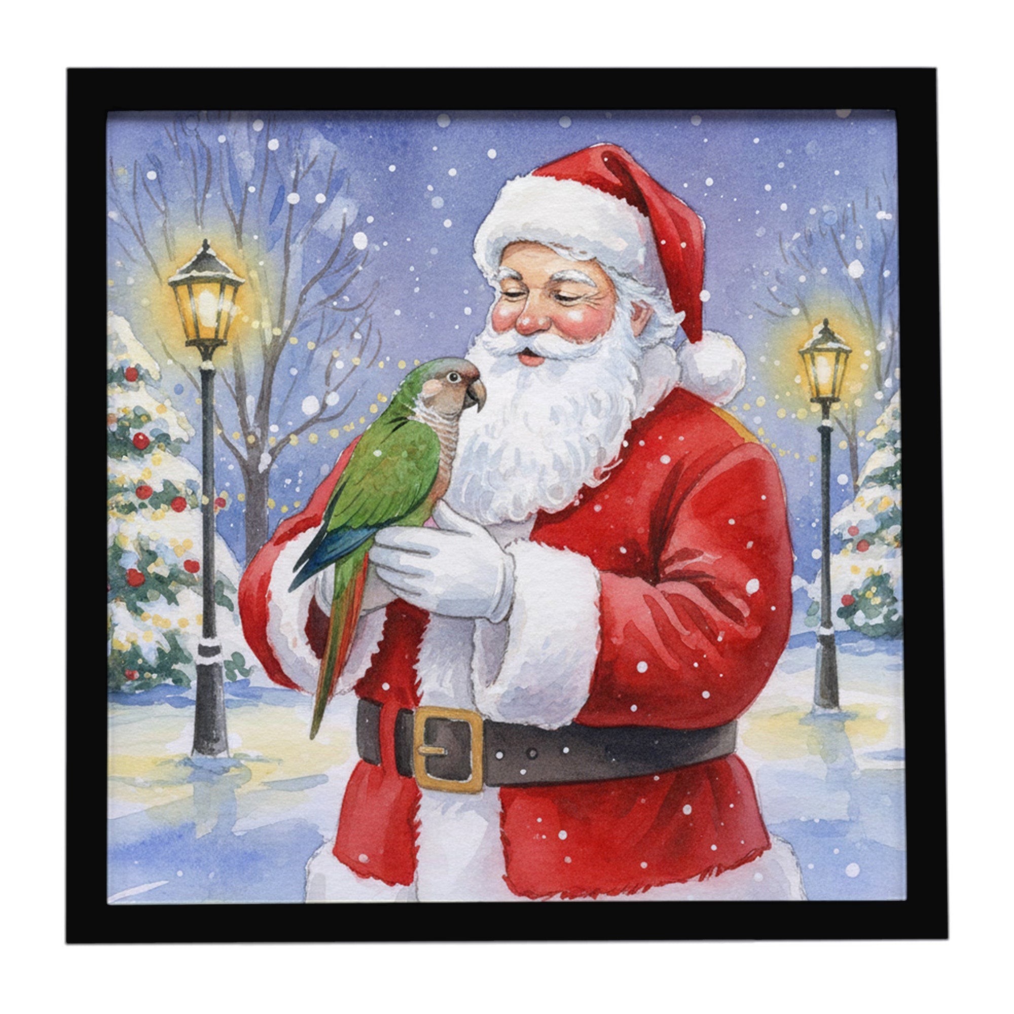 Brown Headed Pionus Parrot with Santa Claus Framed Metal Print Bathroom, Kitchen, Office, Home Decor Wall Art Ready to Hang, Square, 8X8