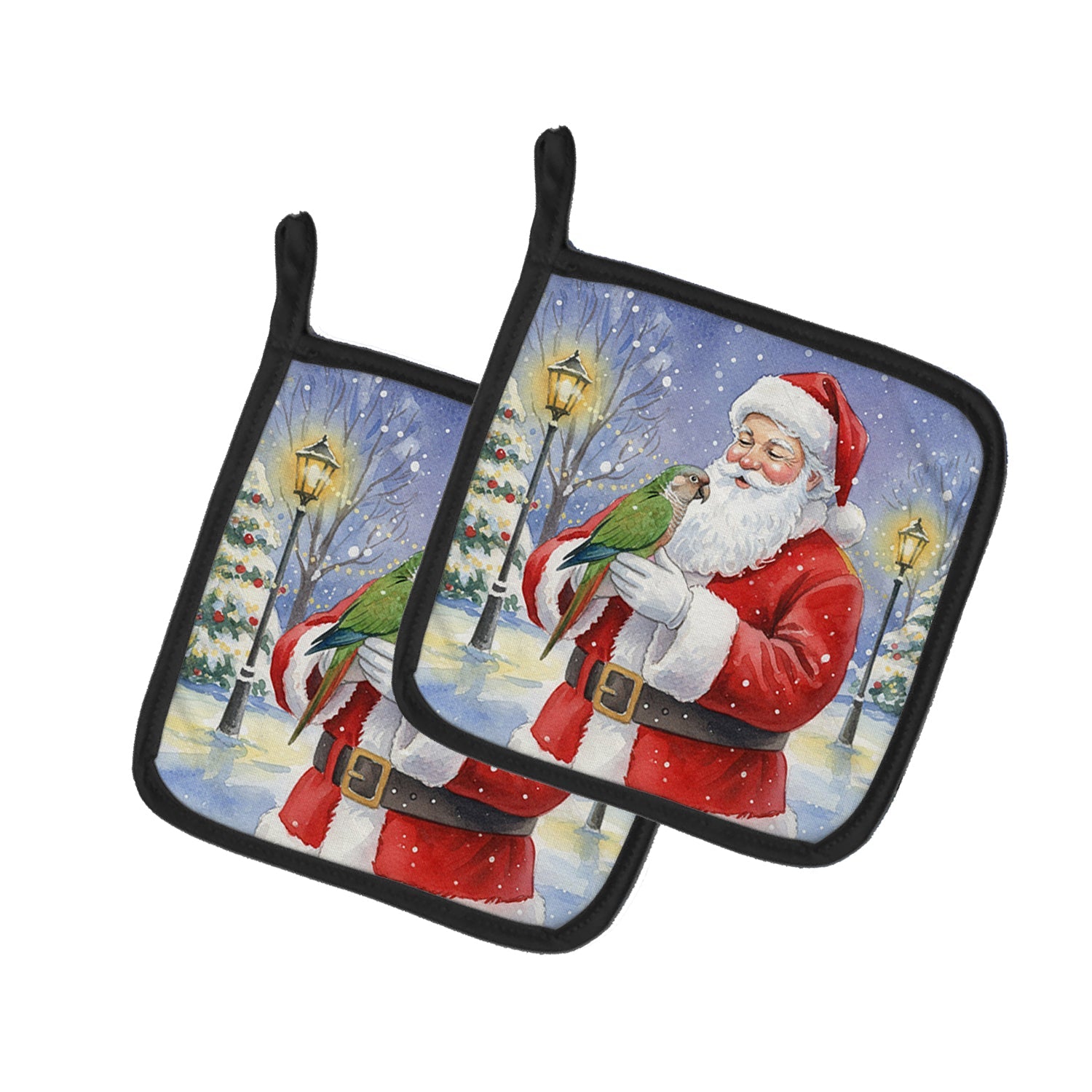 Brown Headed Pionus Parrot with Santa Claus Pot Holder Set of 2 Heat Resistant Quilted Hot Pads 7.5 x 7.5 Inch, Insulated Kitchen Trivets for Cooking & Baking