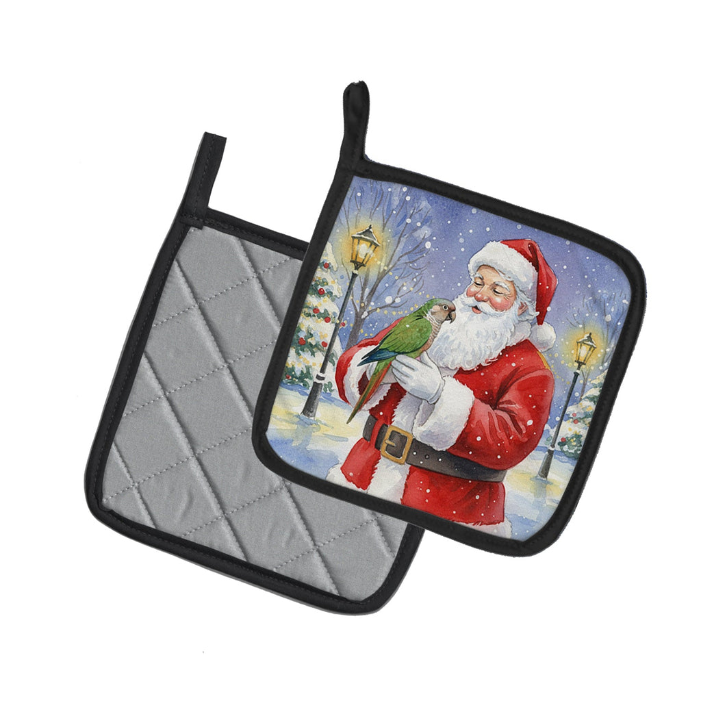 Brown Headed Pionus Parrot with Santa Claus Pot Holder Set of 2 Heat Resistant Quilted Hot Pads 7.5 x 7.5 Inch, Insulated Kitchen Trivets for Cooking & Baking