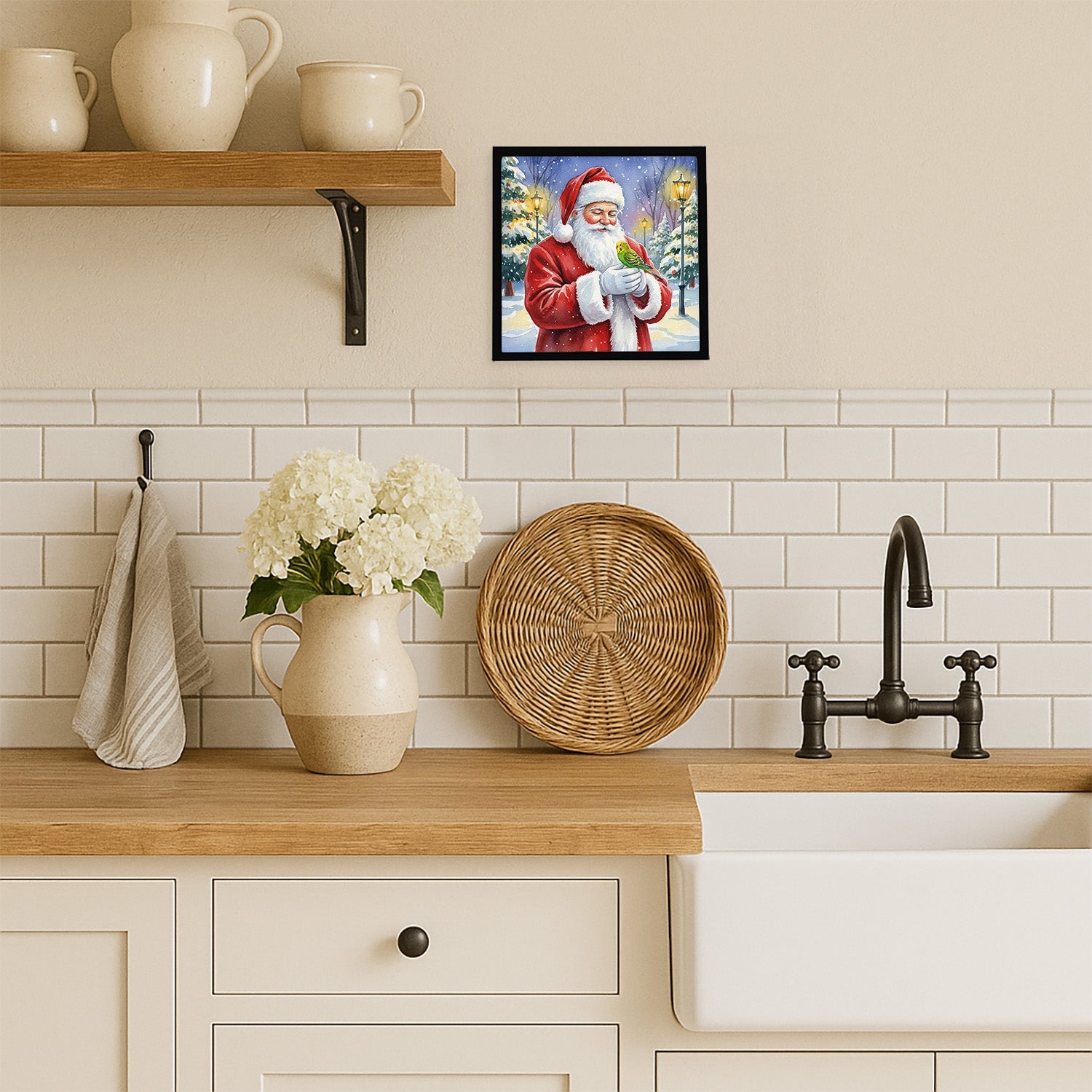 Budgerigar with Santa Claus Framed Metal Print Bathroom, Kitchen, Office, Home Decor Wall Art Ready to Hang, Square, 8X8