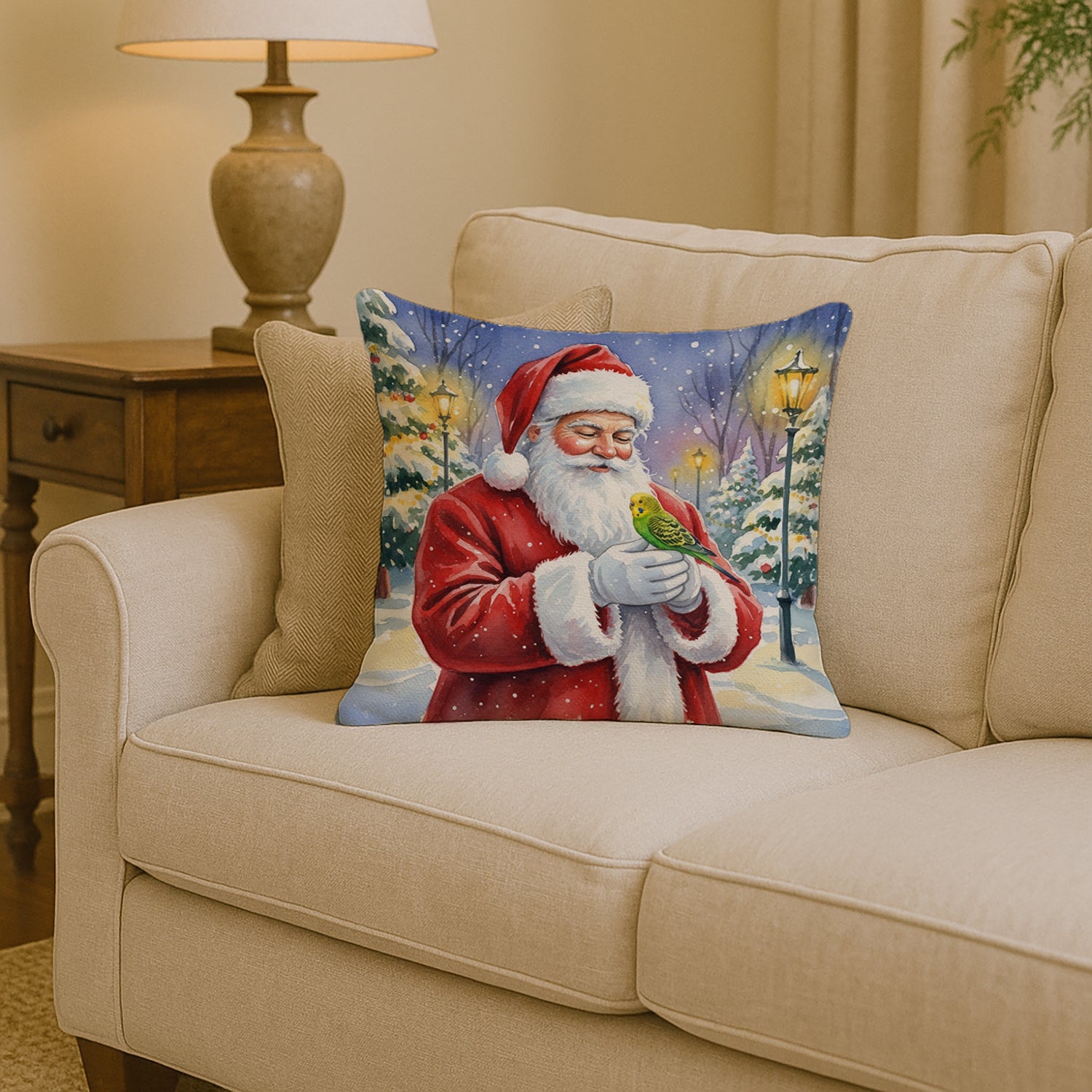 Budgerigar with Santa Claus Decorative Throw Pillow 14x14 Indoor Outdoor Accent Cushion, Fabric Cover with Insert for Sofa, Bed, Porch & Living Room