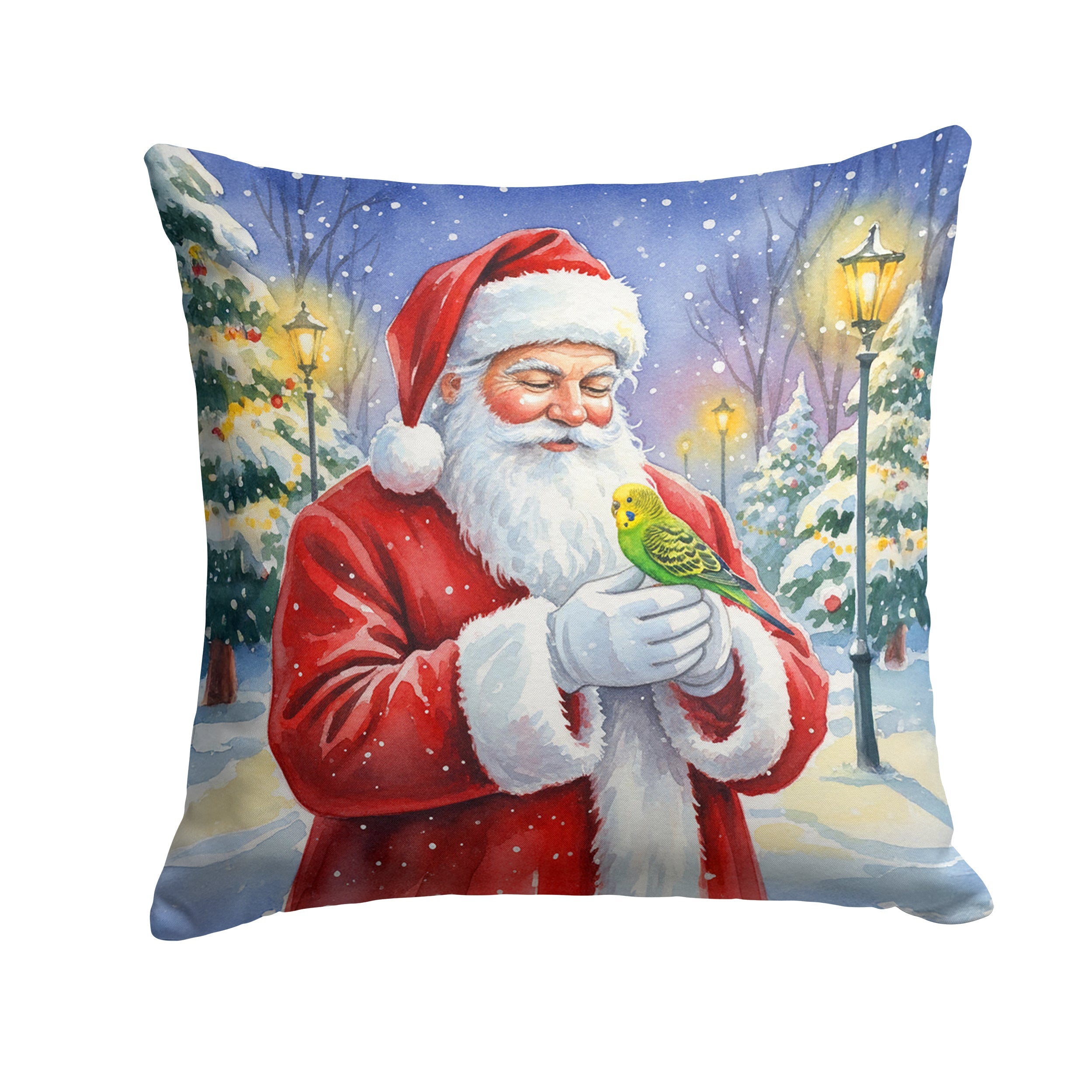 Budgerigar with Santa Claus Decorative Throw Pillow 18x18 Indoor Outdoor Accent Cushion, Fabric Cover with Insert for Sofa, Bed, Porch & Living Room