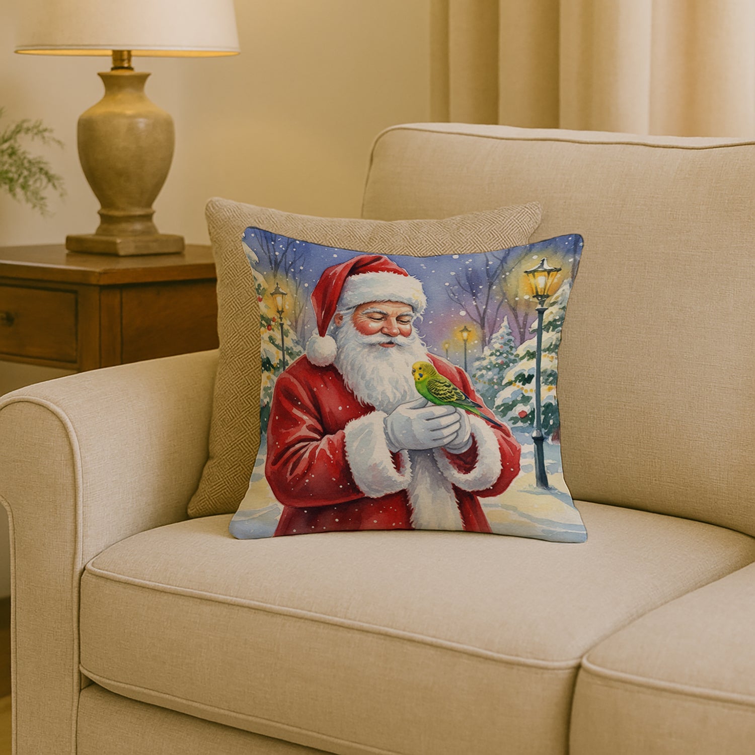 Budgerigar with Santa Claus Decorative Throw Pillow 18x18 Indoor Outdoor Accent Cushion, Fabric Cover with Insert for Sofa, Bed, Porch & Living Room