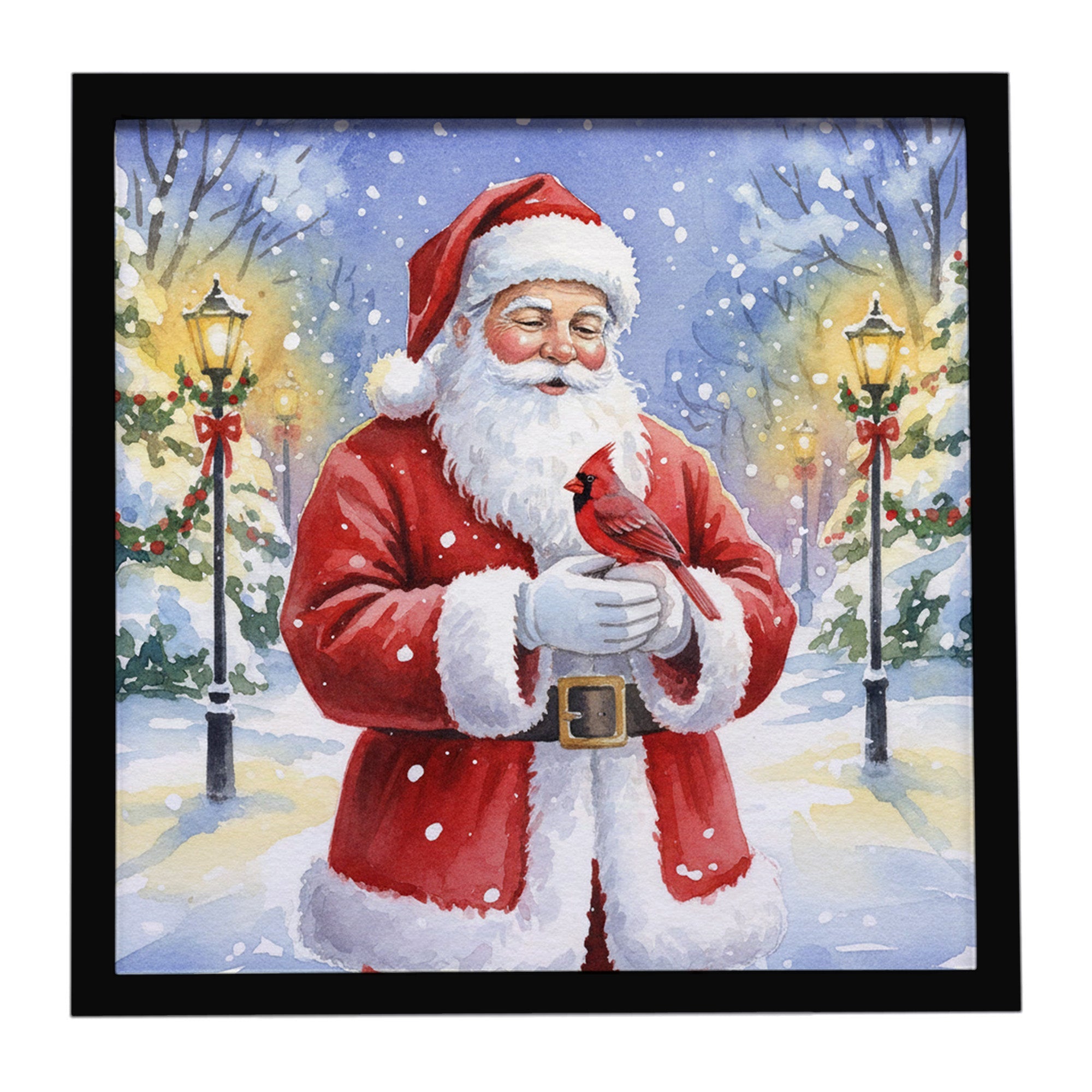 Cardinal with Santa Claus Framed Metal Print Bathroom, Kitchen, Office, Home Decor Wall Art Ready to Hang, Square, 8X8
