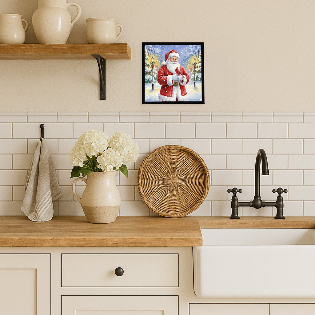 Cardinal with Santa Claus Framed Metal Print Bathroom, Kitchen, Office, Home Decor Wall Art Ready to Hang, Square, 8X8