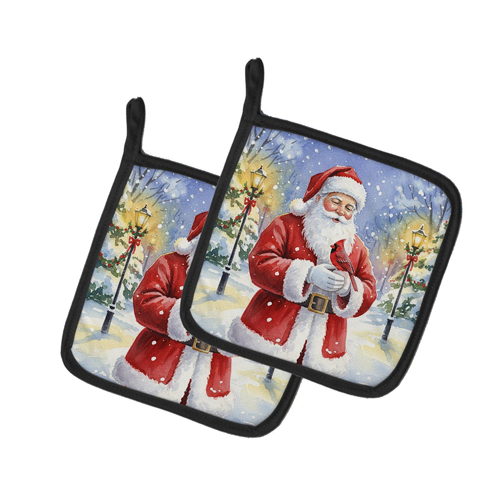 Cardinal with Santa Claus Pot Holder Set of 2 Heat Resistant Quilted Hot Pads 7.5 x 7.5 Inch, Insulated Kitchen Trivets for Cooking & Baking
