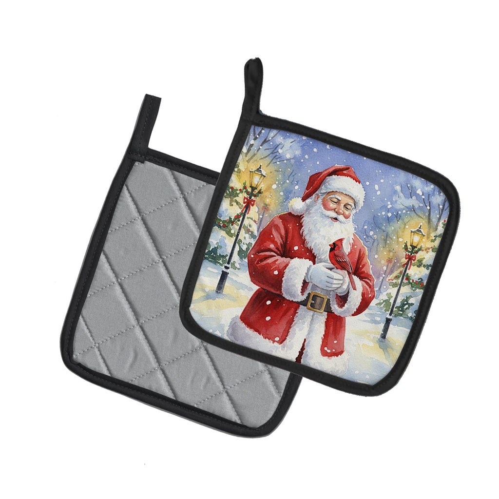 Cardinal with Santa Claus Pot Holder Set of 2 Heat Resistant Quilted Hot Pads 7.5 x 7.5 Inch, Insulated Kitchen Trivets for Cooking & Baking
