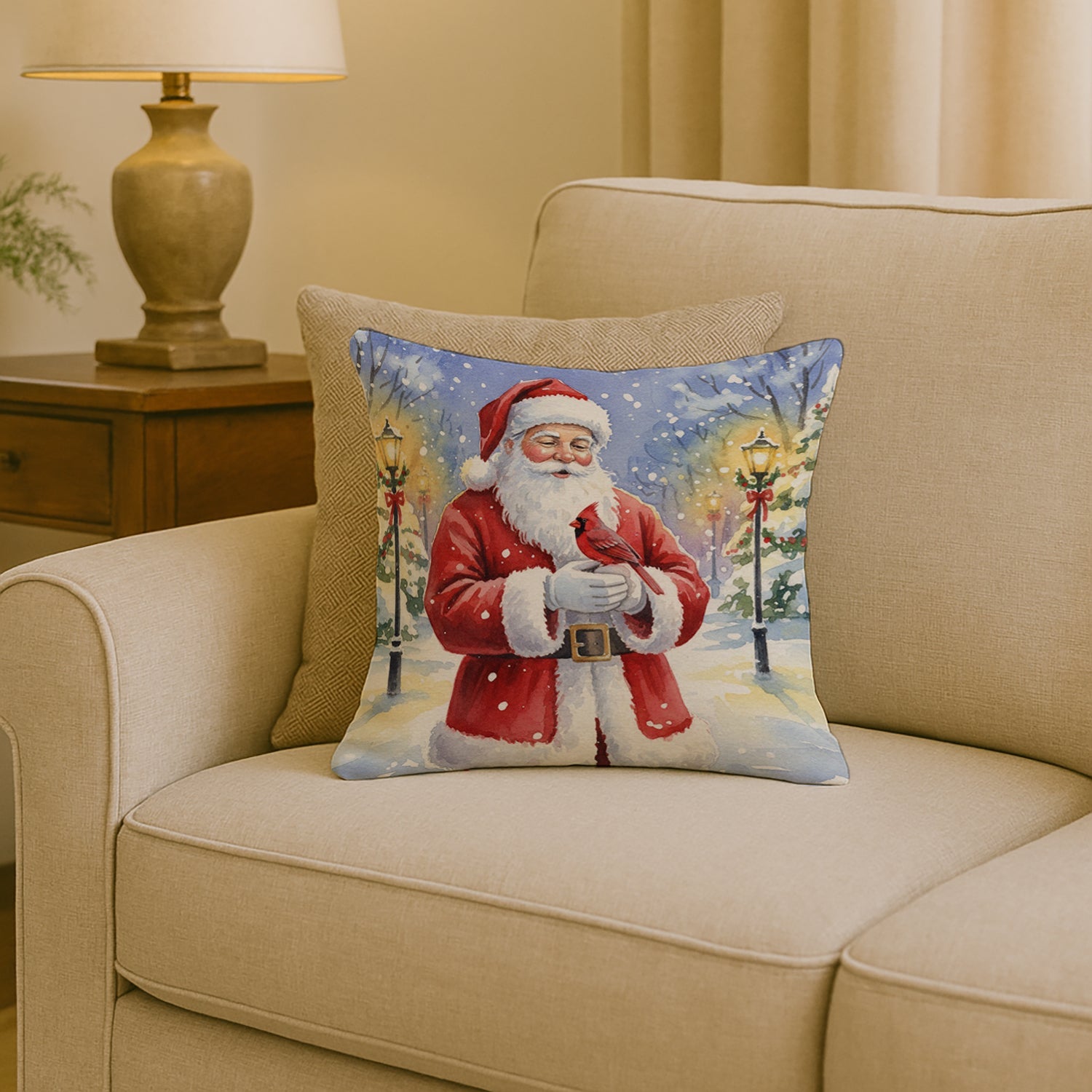Cardinal with Santa Claus Decorative Throw Pillow 18x18 Indoor Outdoor Accent Cushion, Fabric Cover with Insert for Sofa, Bed, Porch & Living Room