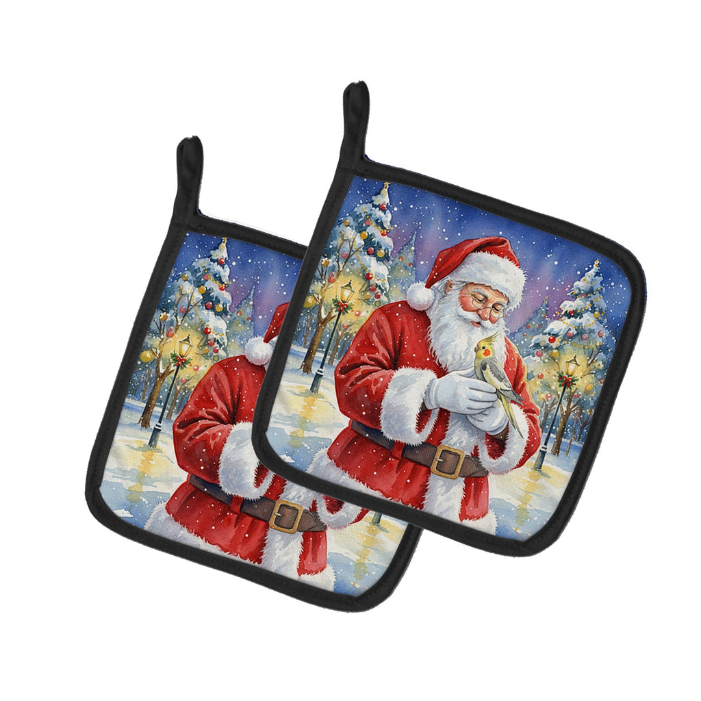 Cockatiel with Santa Claus Pot Holder Set of 2 Heat Resistant Quilted Hot Pads 7.5 x 7.5 Inch, Insulated Kitchen Trivets for Cooking & Baking