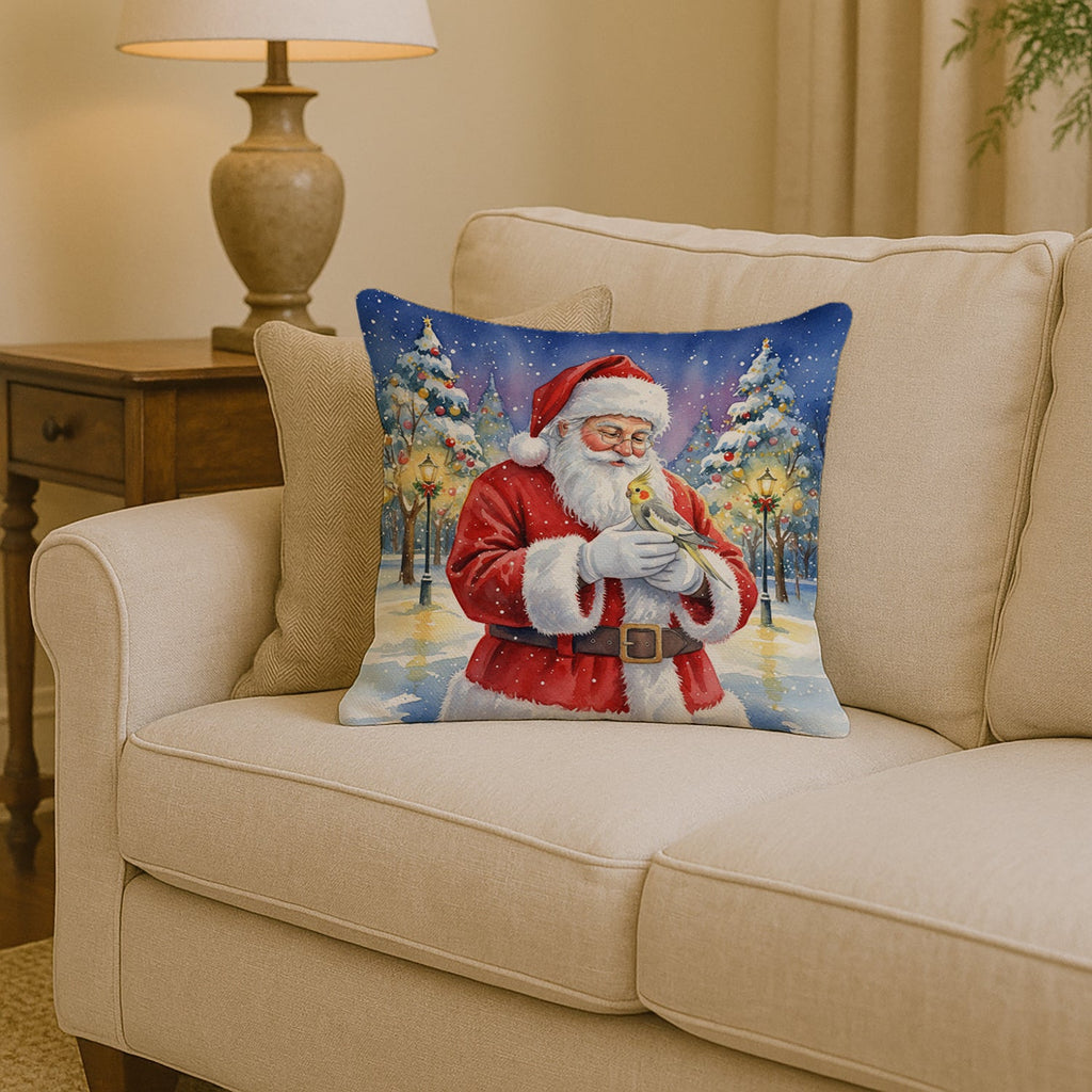 Cockatiel with Santa Claus Decorative Throw Pillow 14x14 Indoor Outdoor Accent Cushion, Fabric Cover with Insert for Sofa, Bed, Porch & Living Room