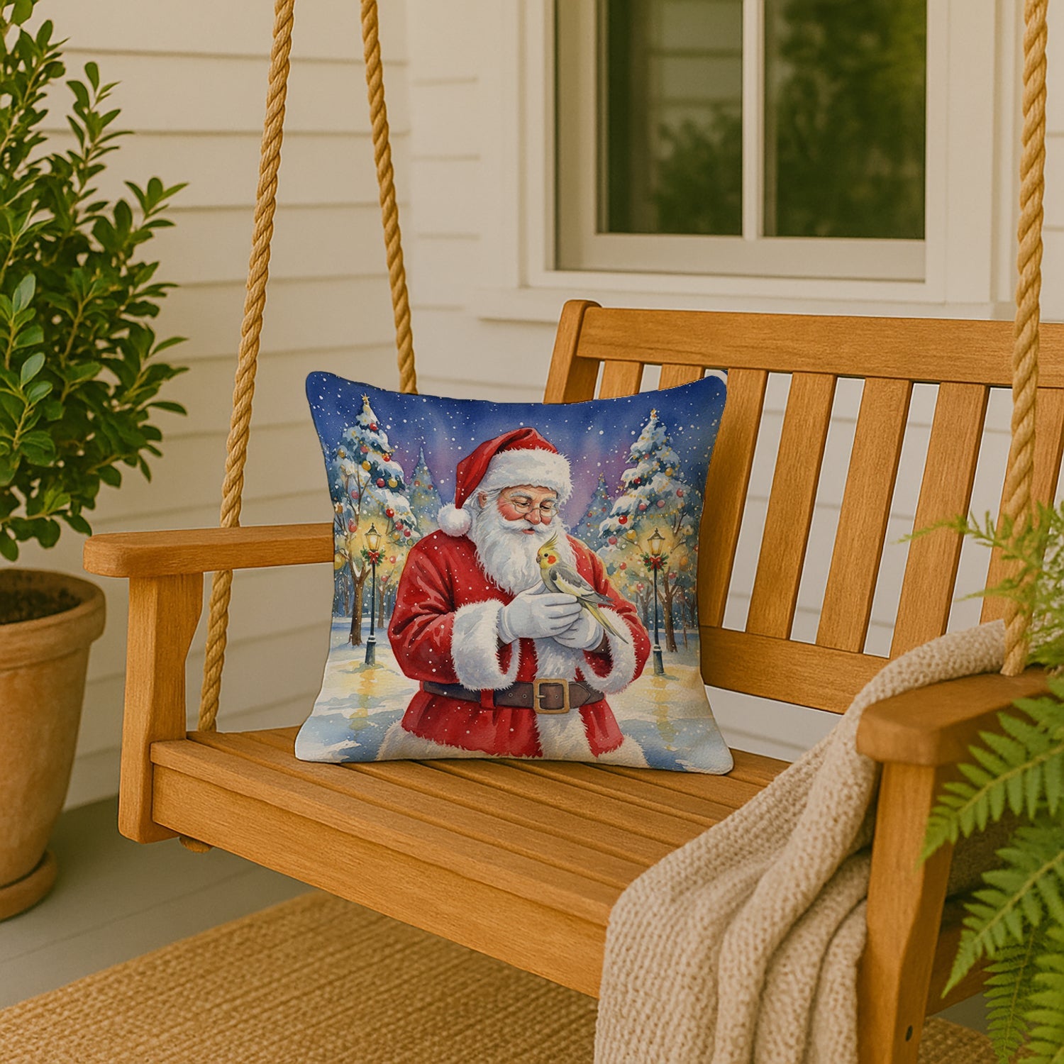 Cockatiel with Santa Claus Decorative Throw Pillow 18x18 Indoor Outdoor Accent Cushion, Fabric Cover with Insert for Sofa, Bed, Porch & Living Room