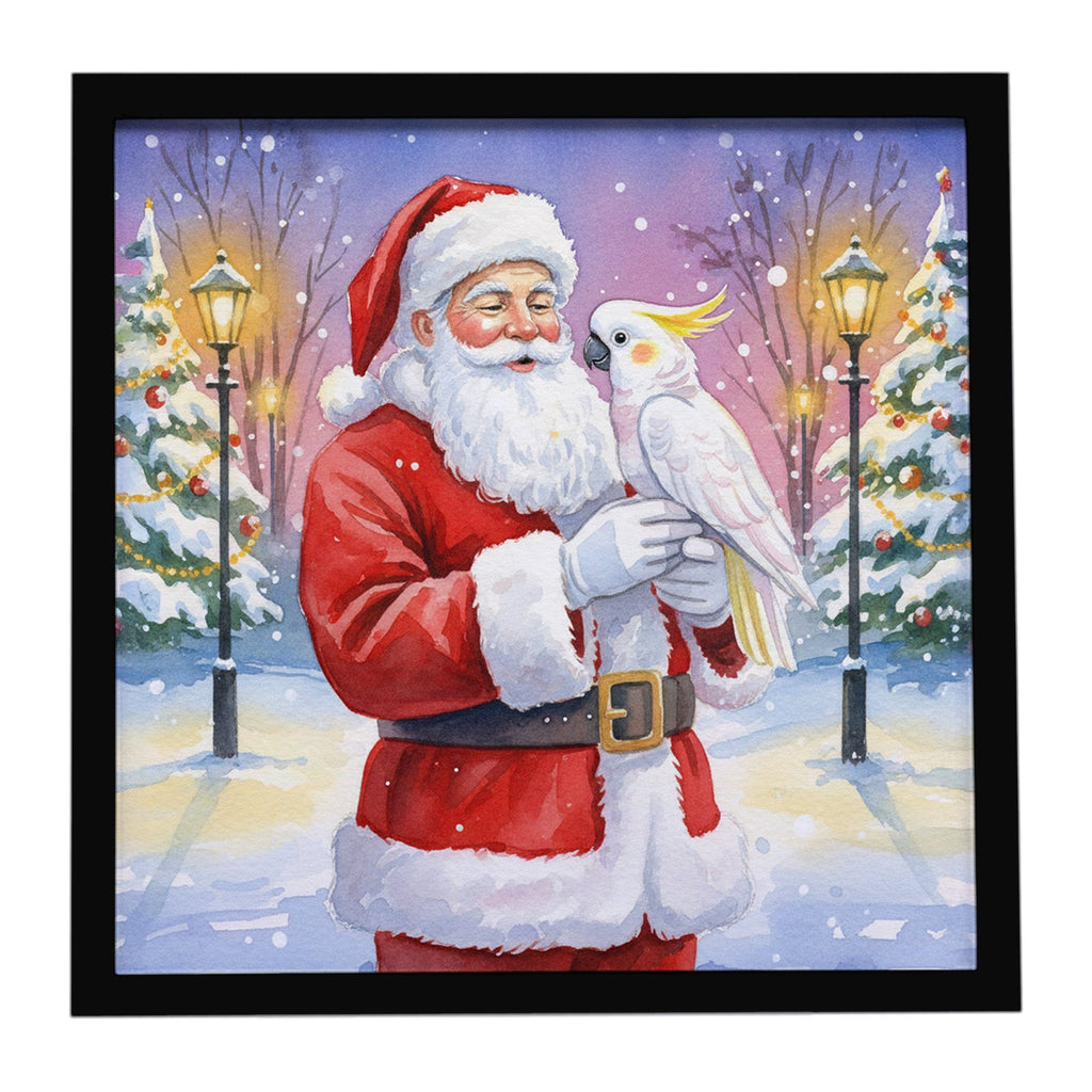 Cockatoo with Santa Claus Framed Metal Print Bathroom, Kitchen, Office, Home Decor Wall Art Ready to Hang, Square, 8X8