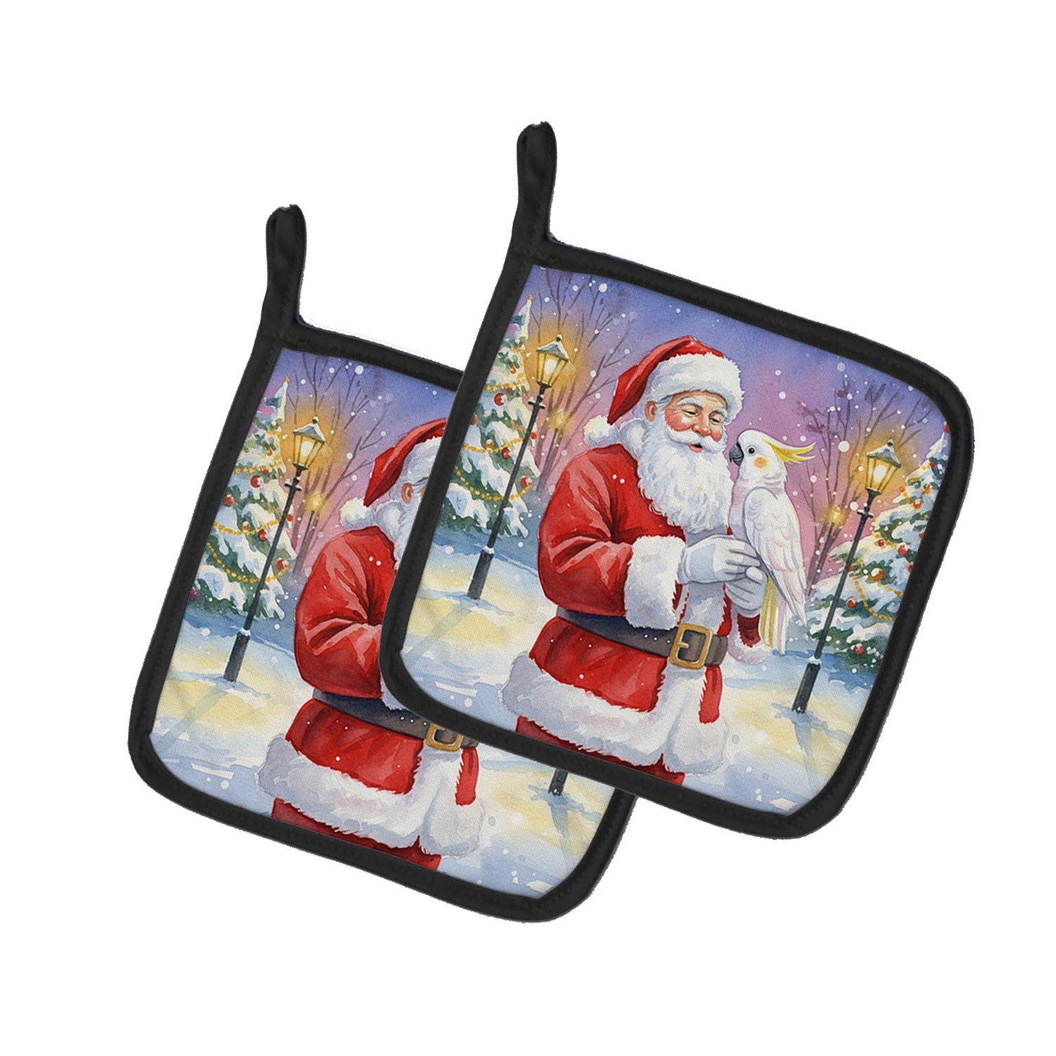 Cockatoo with Santa Claus Pot Holder Set of 2 Heat Resistant Quilted Hot Pads 7.5 x 7.5 Inch, Insulated Kitchen Trivets for Cooking & Baking