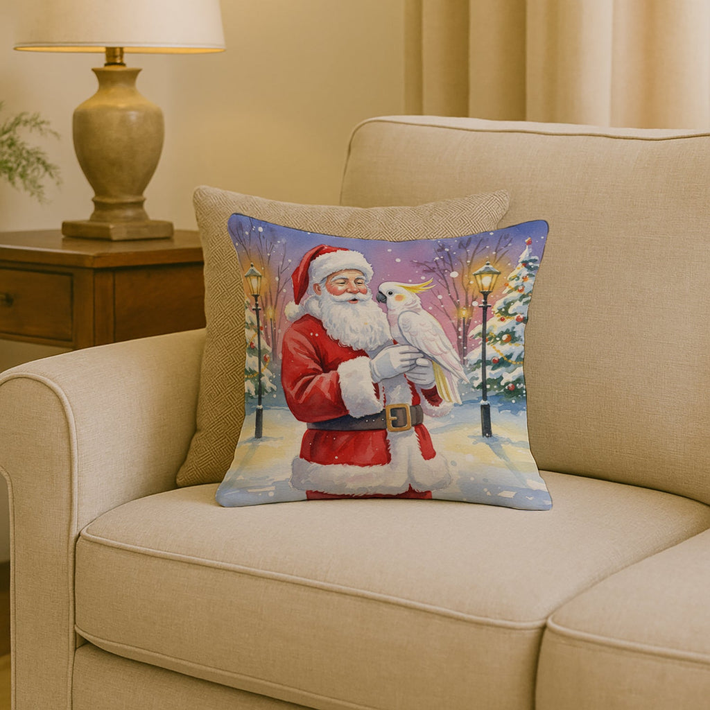 Cockatoo with Santa Claus Decorative Throw Pillow 18x18 Indoor Outdoor Accent Cushion, Fabric Cover with Insert for Sofa, Bed, Porch & Living Room
