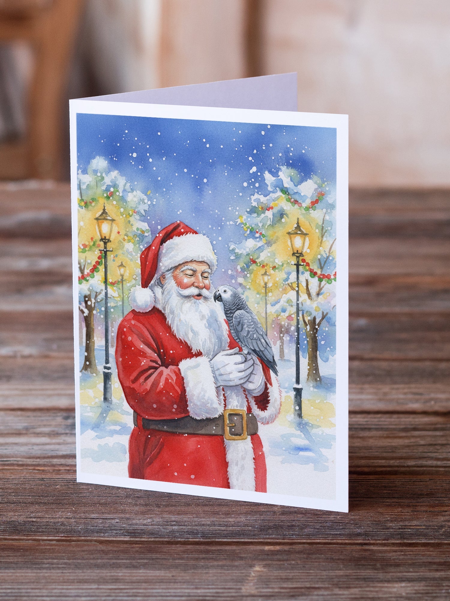 Congo African Grey Parrot with Santa Claus Greeting Cards Pack of 8 Blank Cards with Envelopes Whimsical A7 Size 5x7