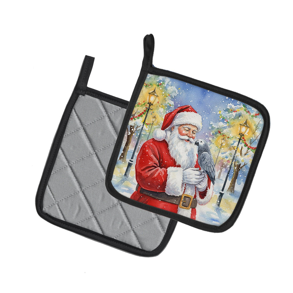 Congo African Grey Parrot with Santa Claus Pot Holder Set of 2 Heat Resistant Quilted Hot Pads 7.5 x 7.5 Inch, Insulated Kitchen Trivets for Cooking & Baking