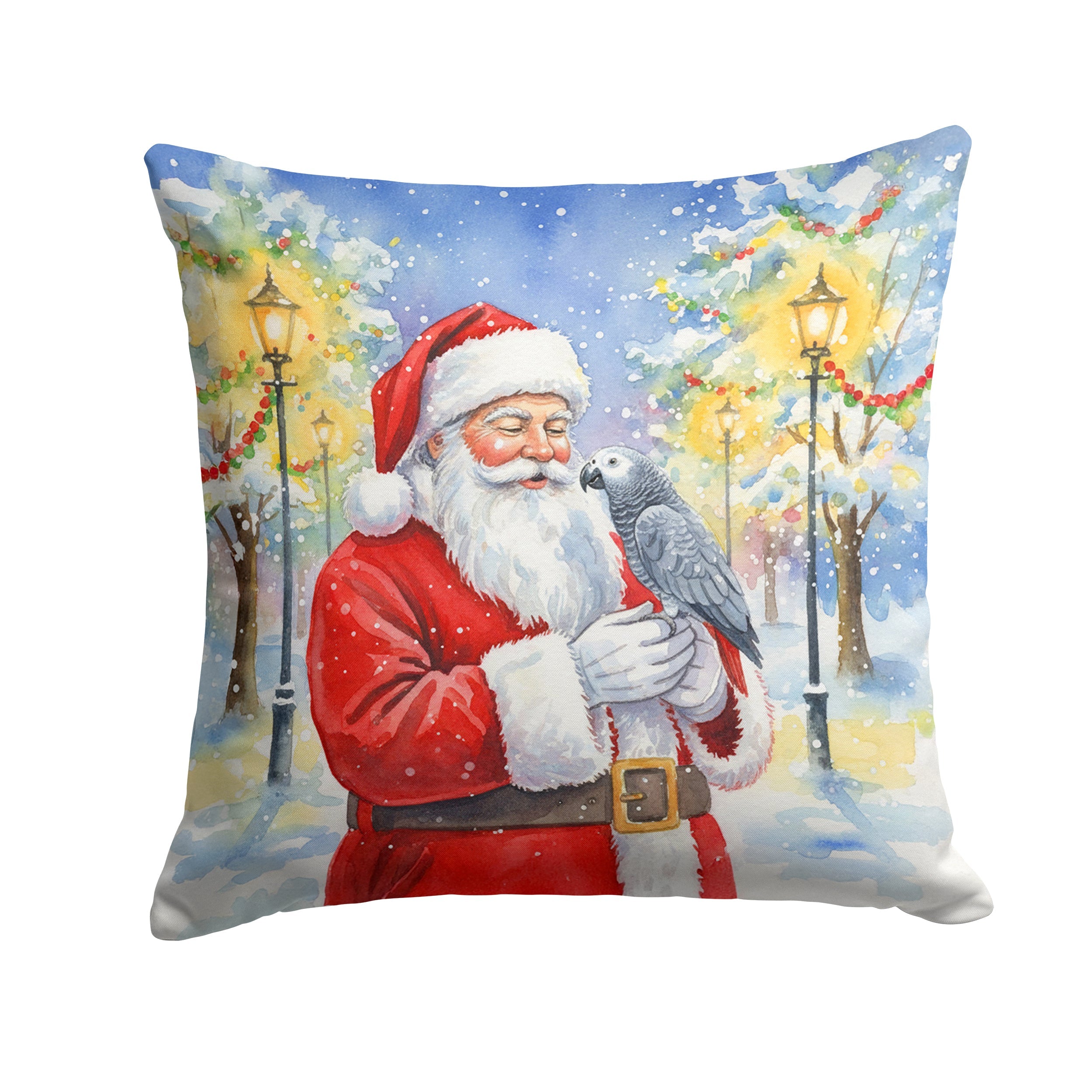 Congo African Grey Parrot with Santa Claus Decorative Throw Pillow 14x14 Indoor Outdoor Accent Cushion, Fabric Cover with Insert for Sofa, Bed, Porch & Living Room
