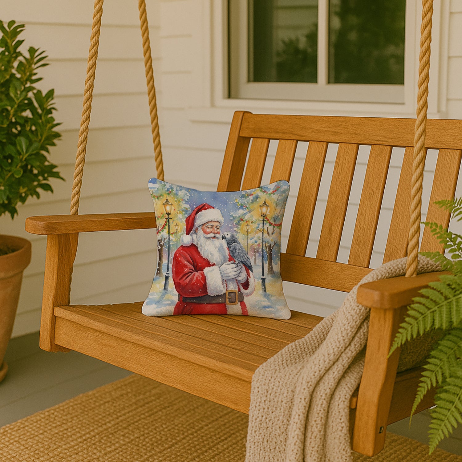 Congo African Grey Parrot with Santa Claus Decorative Throw Pillow 14x14 Indoor Outdoor Accent Cushion, Fabric Cover with Insert for Sofa, Bed, Porch & Living Room