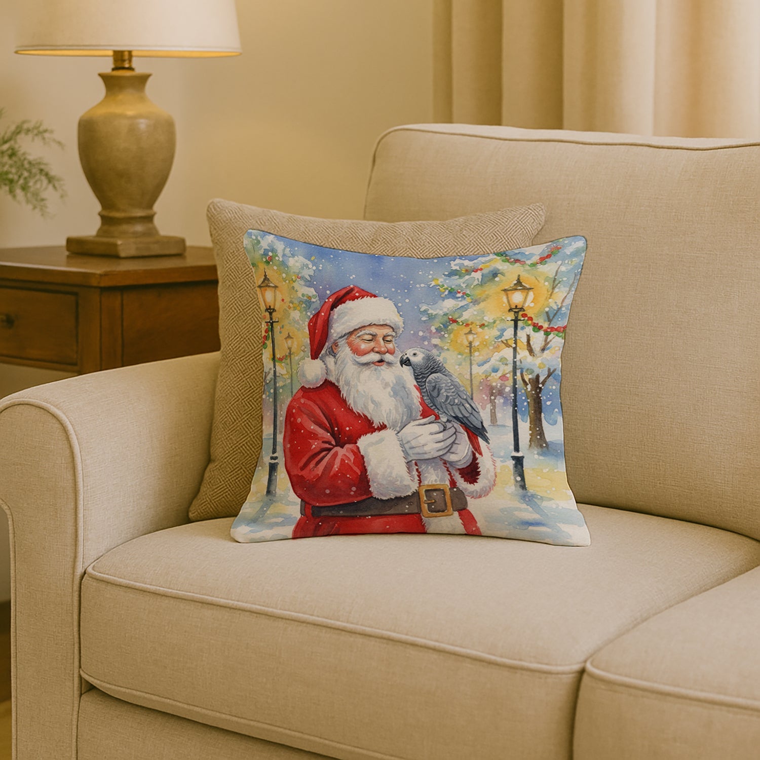Congo African Grey Parrot with Santa Claus Decorative Throw Pillow 18x18 Indoor Outdoor Accent Cushion, Fabric Cover with Insert for Sofa, Bed, Porch & Living Room