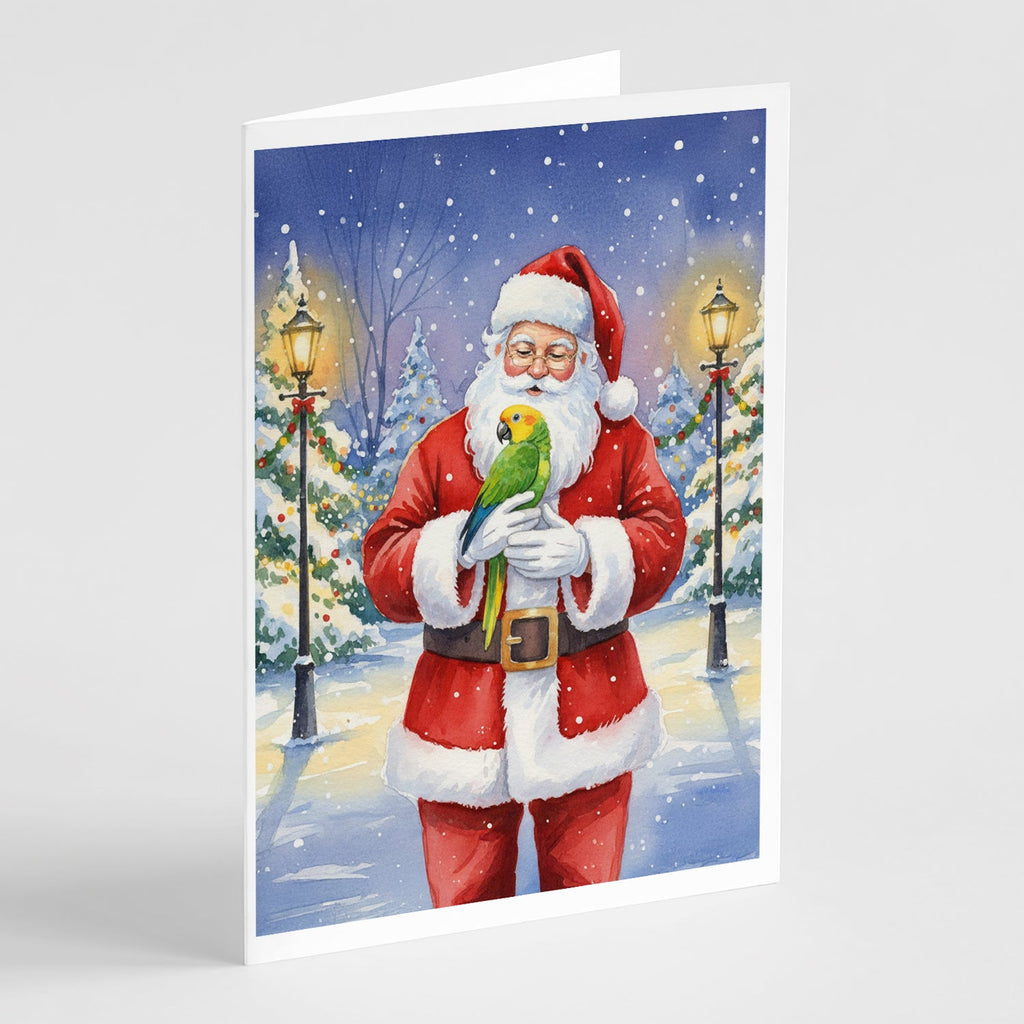 Double Yellow Headed Amazon Parrot with Santa Claus Greeting Cards Pack of 8 Blank Cards with Envelopes Whimsical A7 Size 5x7