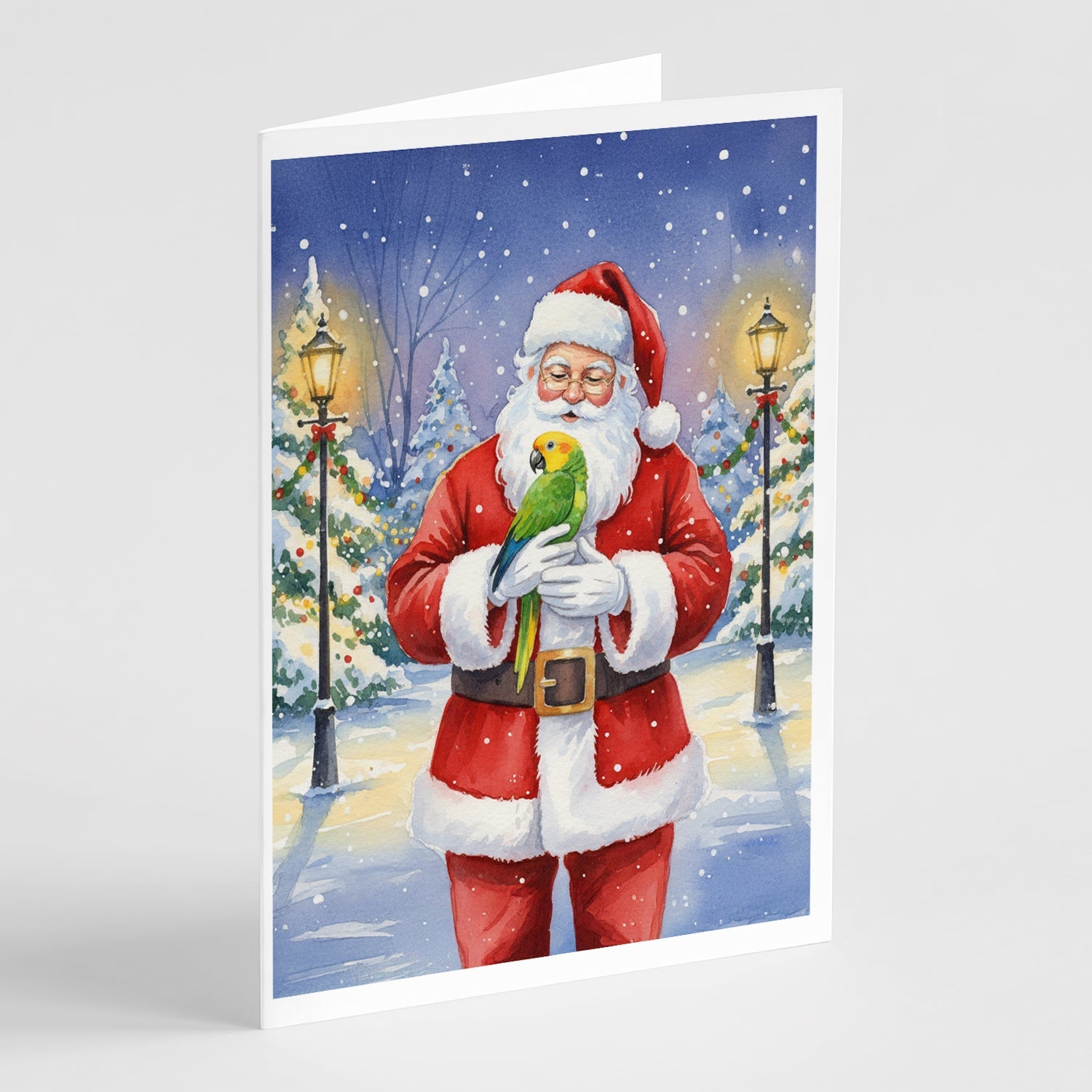 Double Yellow Headed Amazon Parrot with Santa Claus Greeting Cards Pack of 8 Blank Cards with Envelopes Whimsical A7 Size 5x7