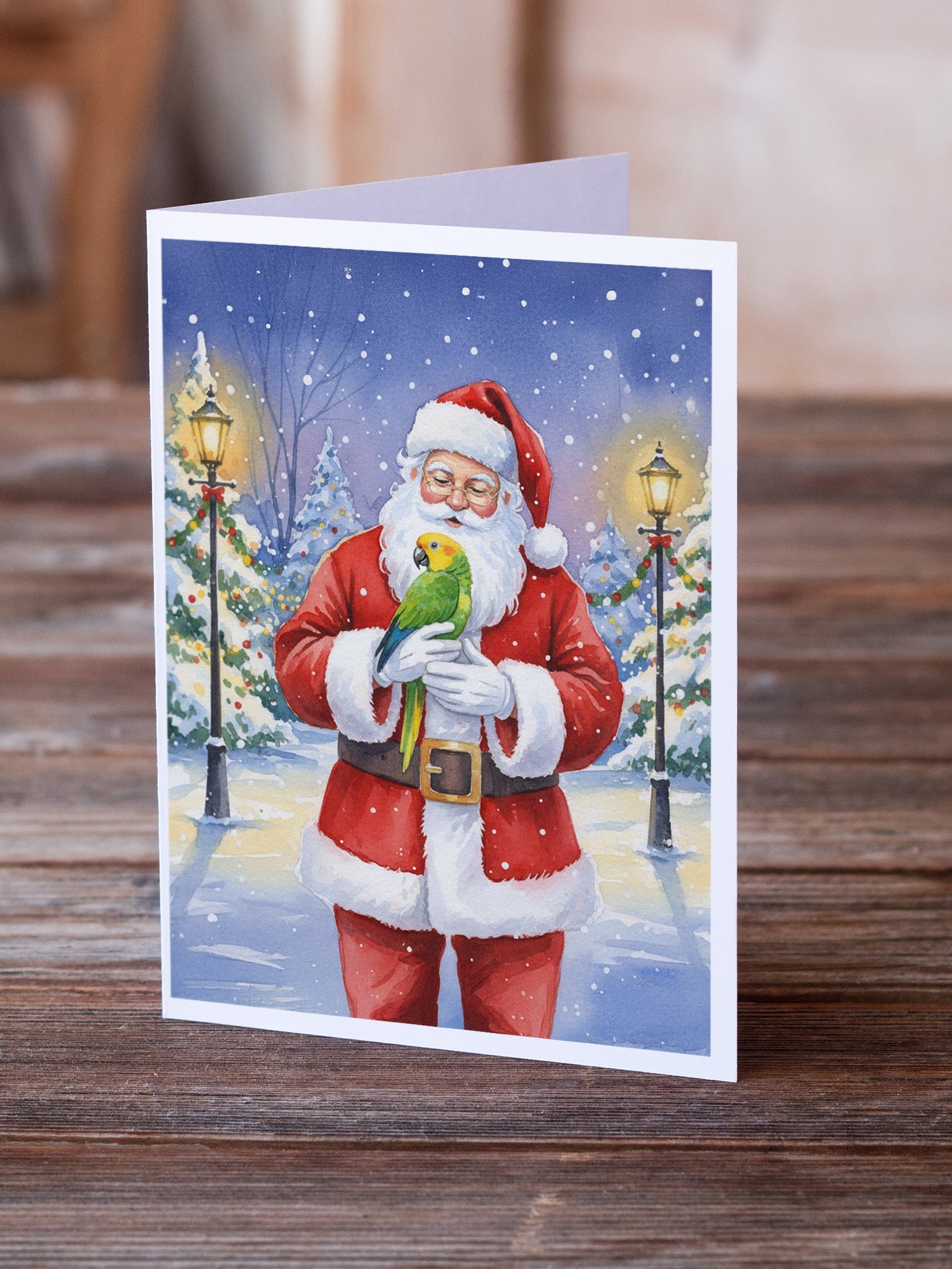 Double Yellow Headed Amazon Parrot with Santa Claus Greeting Cards Pack of 8 Blank Cards with Envelopes Whimsical A7 Size 5x7