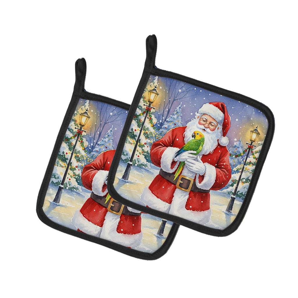 Double Yellow Headed Amazon Parrot with Santa Claus Pot Holder Set of 2 Heat Resistant Quilted Hot Pads 7.5 x 7.5 Inch, Insulated Kitchen Trivets for Cooking & Baking