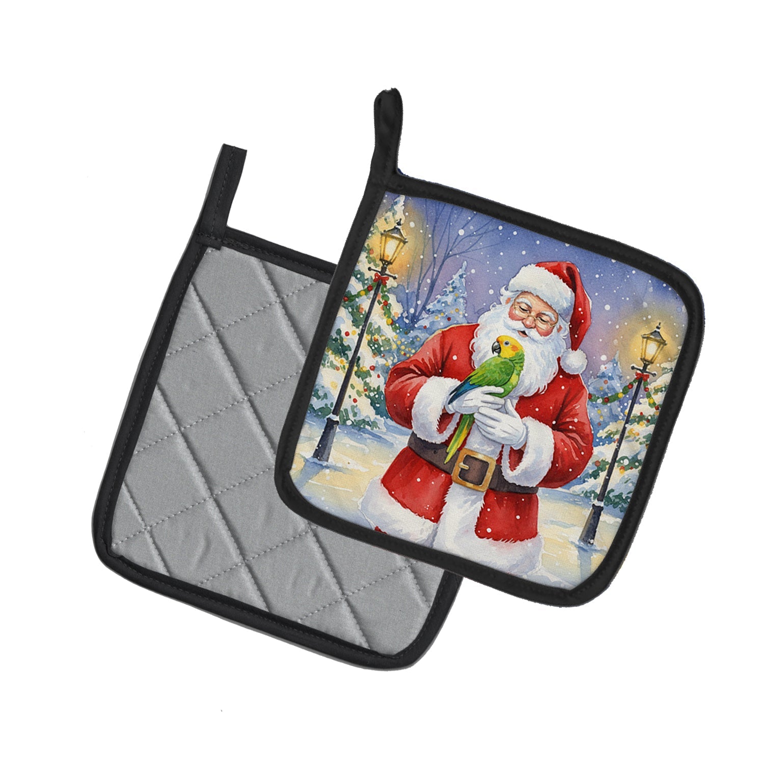 Double Yellow Headed Amazon Parrot with Santa Claus Pot Holder Set of 2 Heat Resistant Quilted Hot Pads 7.5 x 7.5 Inch, Insulated Kitchen Trivets for Cooking & Baking