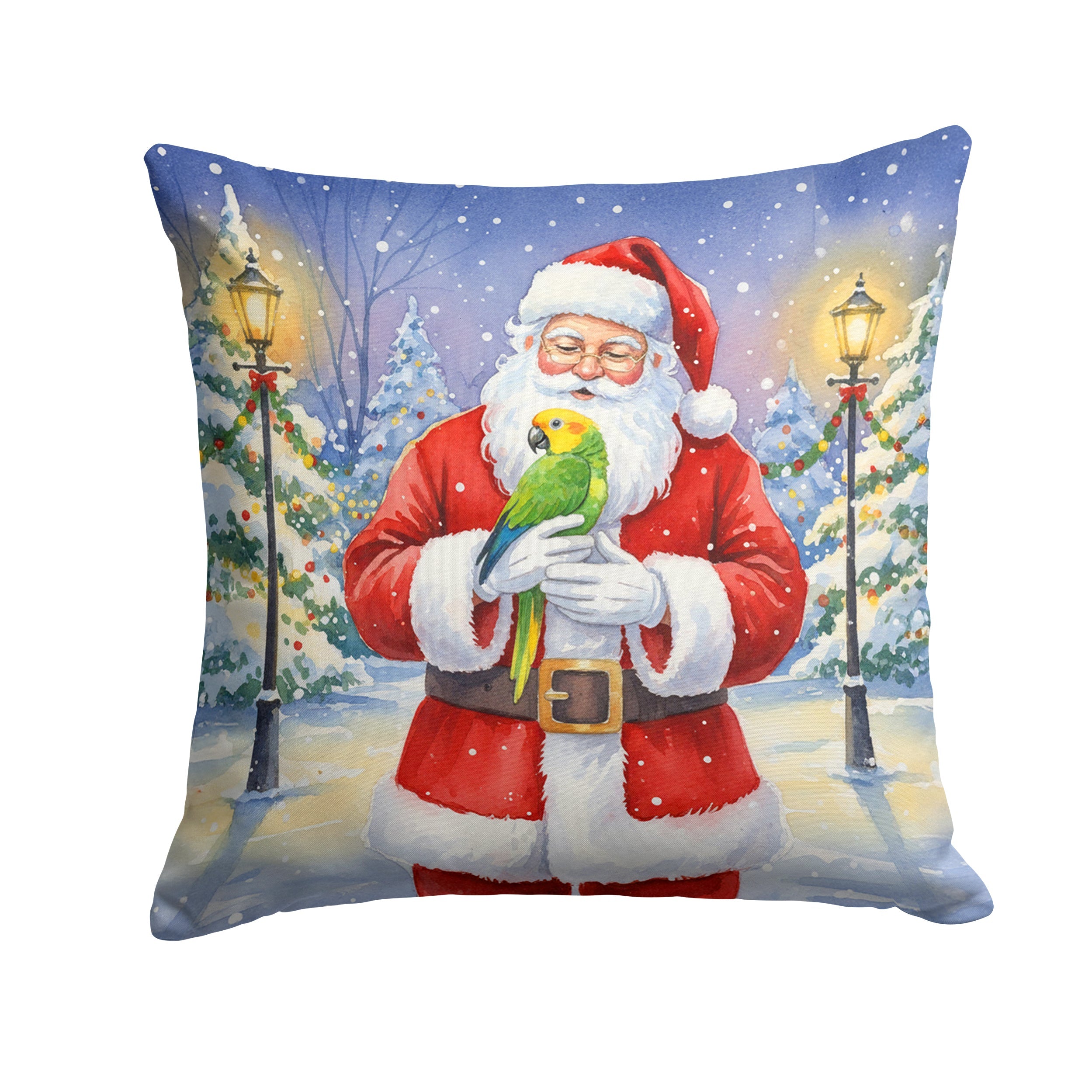 Double Yellow Headed Amazon Parrot with Santa Claus Decorative Throw Pillow 14x14 Indoor Outdoor Accent Cushion, Fabric Cover with Insert for Sofa, Bed, Porch & Living Room