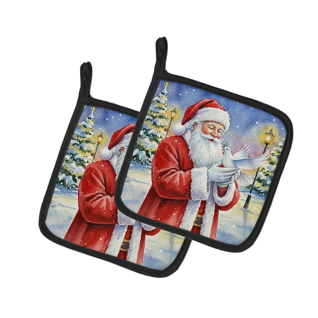 Dove with Santa Claus Pot Holder Set of 2 Heat Resistant Quilted Hot Pads 7.5 x 7.5 Inch, Insulated Kitchen Trivets for Cooking & Baking