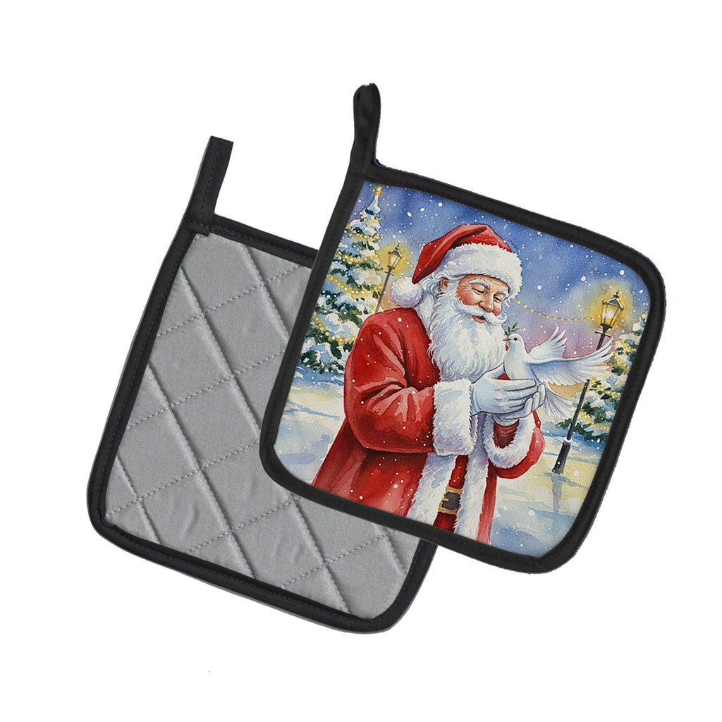 Dove with Santa Claus Pot Holder Set of 2 Heat Resistant Quilted Hot Pads 7.5 x 7.5 Inch, Insulated Kitchen Trivets for Cooking & Baking