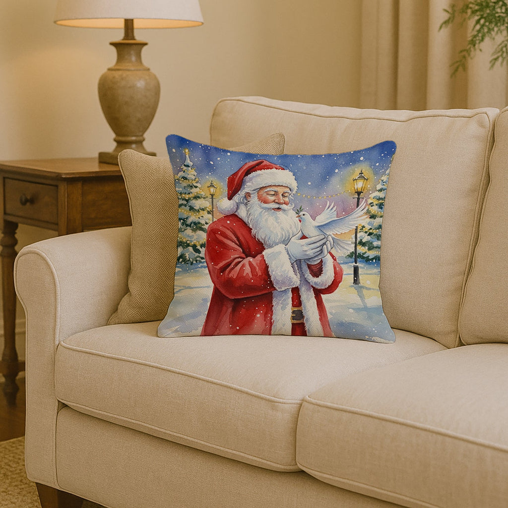 Dove with Santa Claus Decorative Throw Pillow 14x14 Indoor Outdoor Accent Cushion, Fabric Cover with Insert for Sofa, Bed, Porch & Living Room