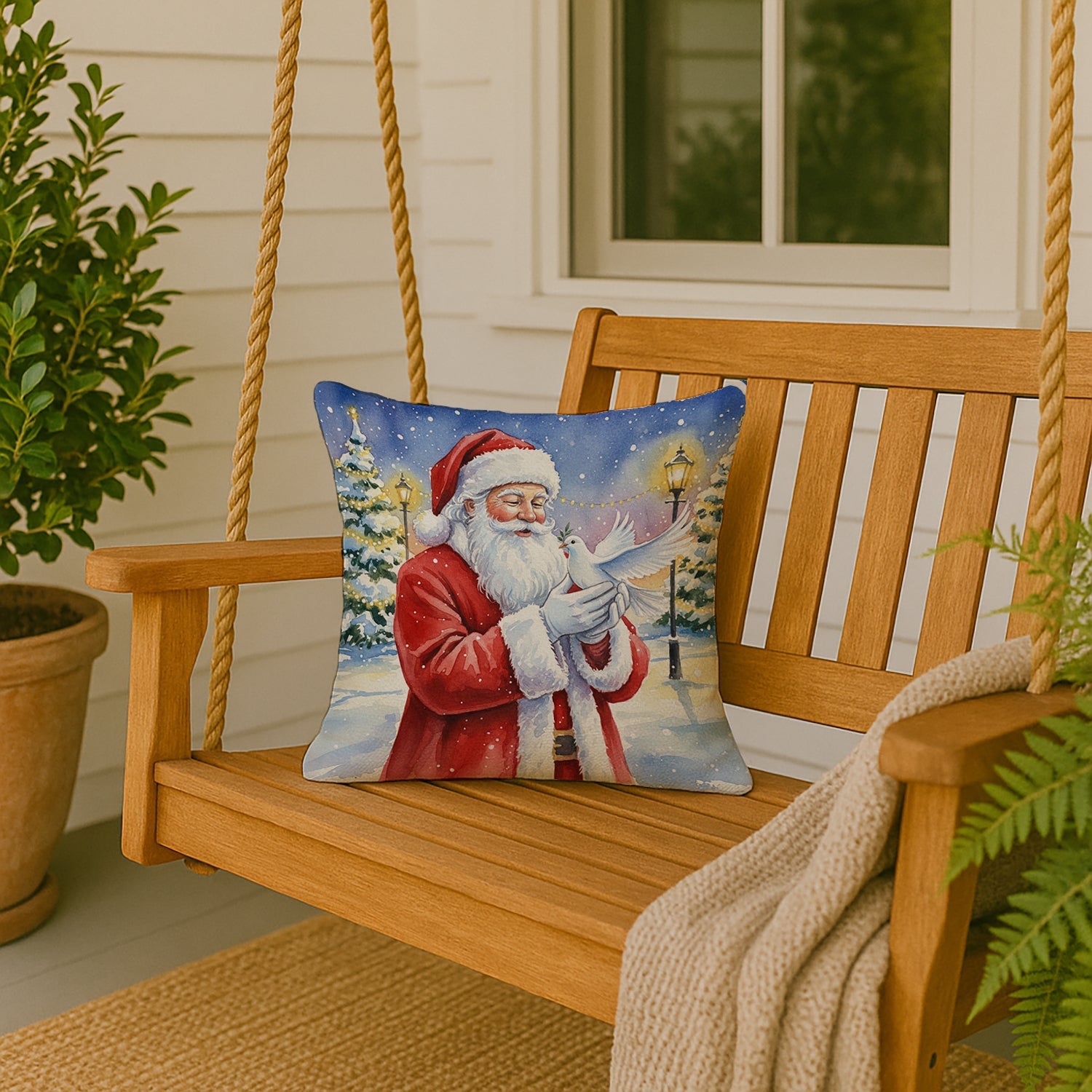 Dove with Santa Claus Decorative Throw Pillow 18x18 Indoor Outdoor Accent Cushion, Fabric Cover with Insert for Sofa, Bed, Porch & Living Room