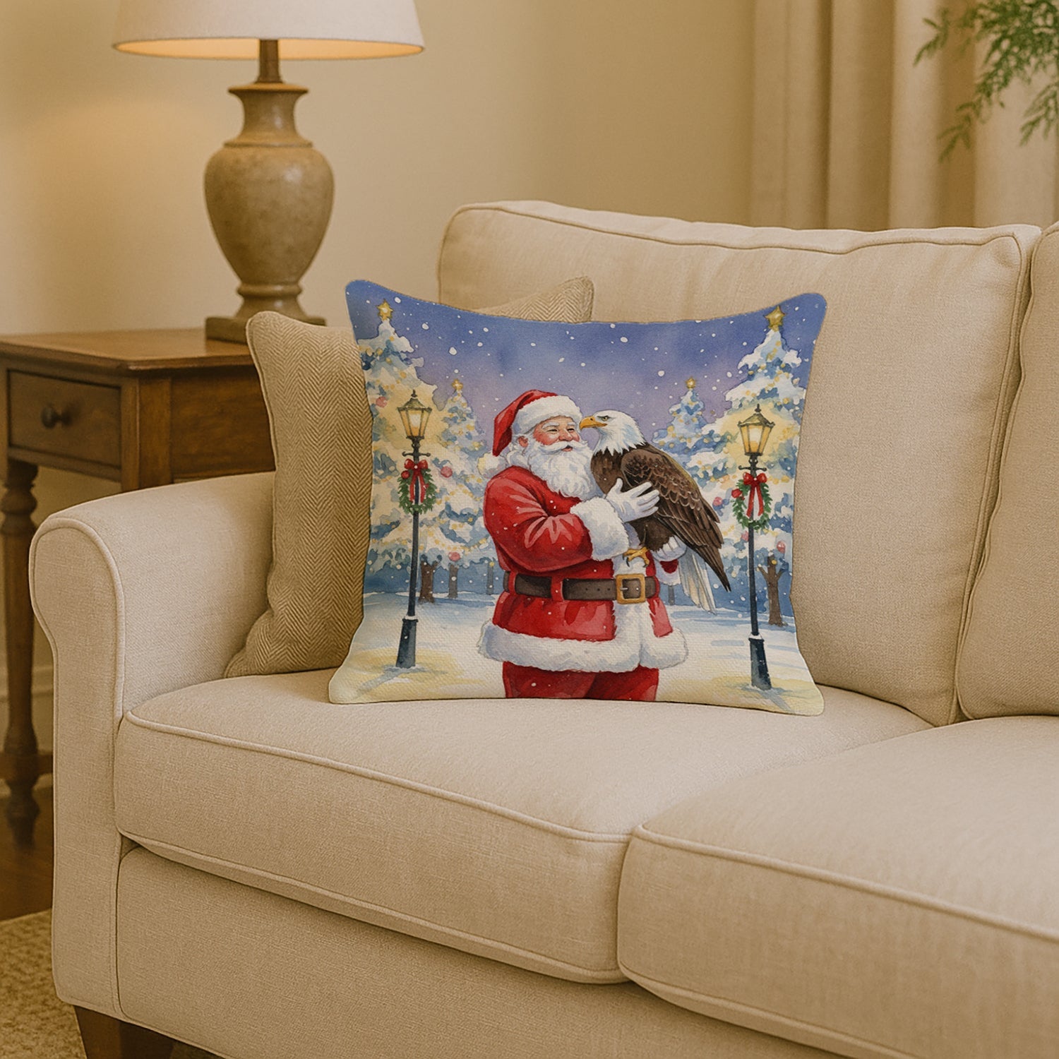 Eagle with Santa Claus Decorative Throw Pillow 14x14 Indoor Outdoor Accent Cushion, Fabric Cover with Insert for Sofa, Bed, Porch & Living Room