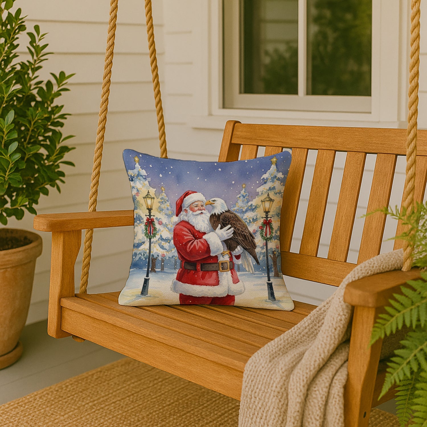 Eagle with Santa Claus Decorative Throw Pillow 18x18 Indoor Outdoor Accent Cushion, Fabric Cover with Insert for Sofa, Bed, Porch & Living Room