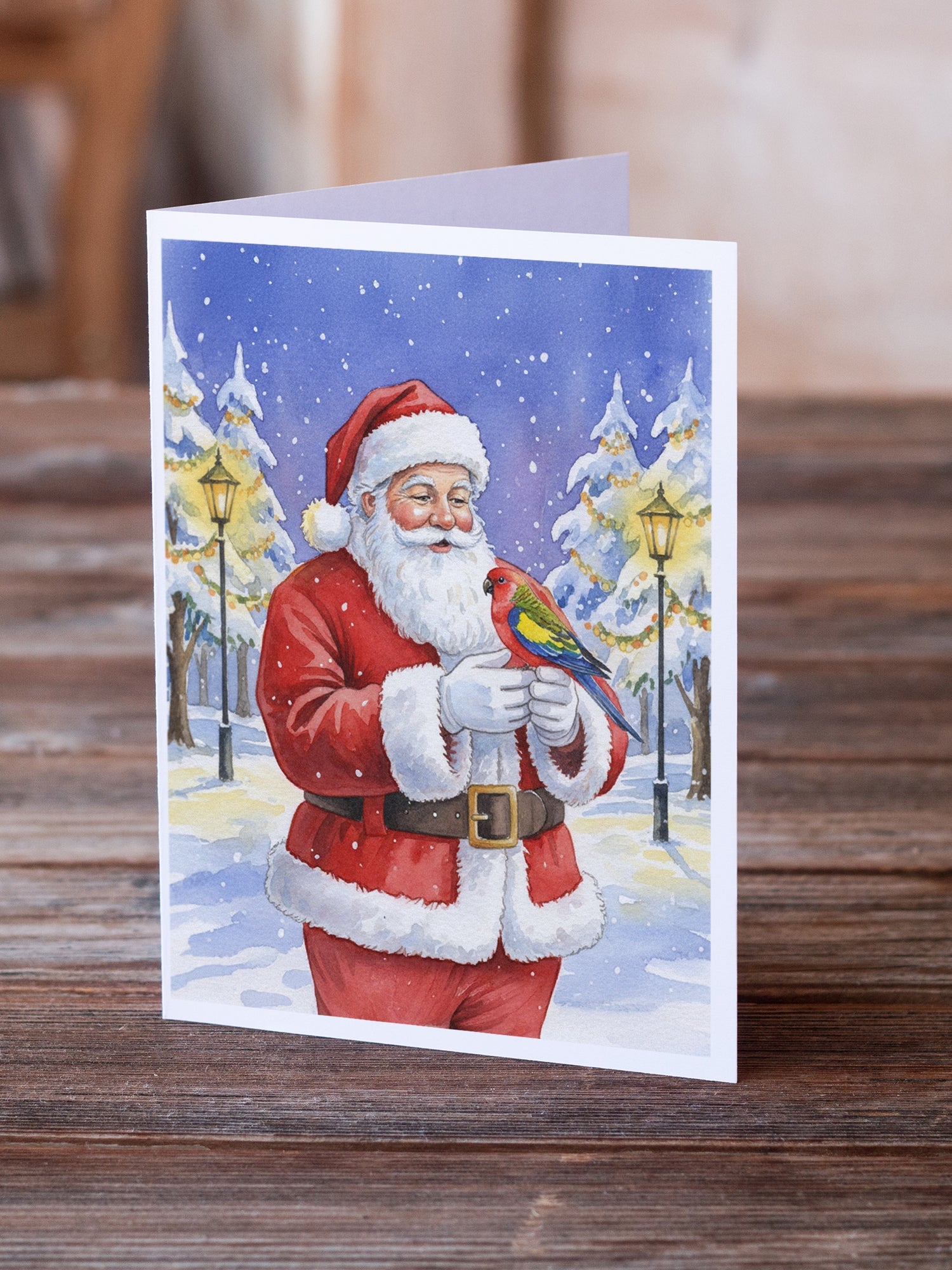Eastern Rosella with Santa Claus Greeting Cards Pack of 8 Blank Cards with Envelopes Whimsical A7 Size 5x7