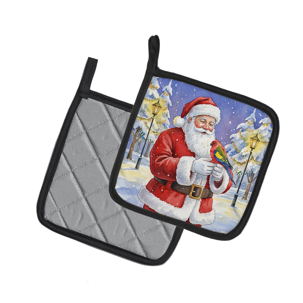 Eastern Rosella with Santa Claus Pot Holder Set of 2 Heat Resistant Quilted Hot Pads 7.5 x 7.5 Inch, Insulated Kitchen Trivets for Cooking & Baking