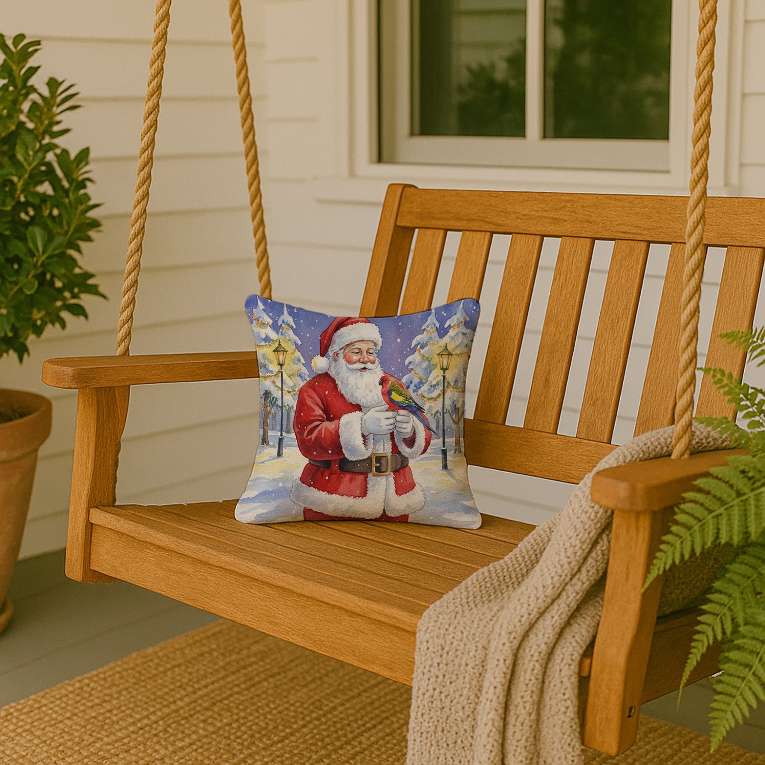 Eastern Rosella with Santa Claus Decorative Throw Pillow 14x14 Indoor Outdoor Accent Cushion, Fabric Cover with Insert for Sofa, Bed, Porch & Living Room