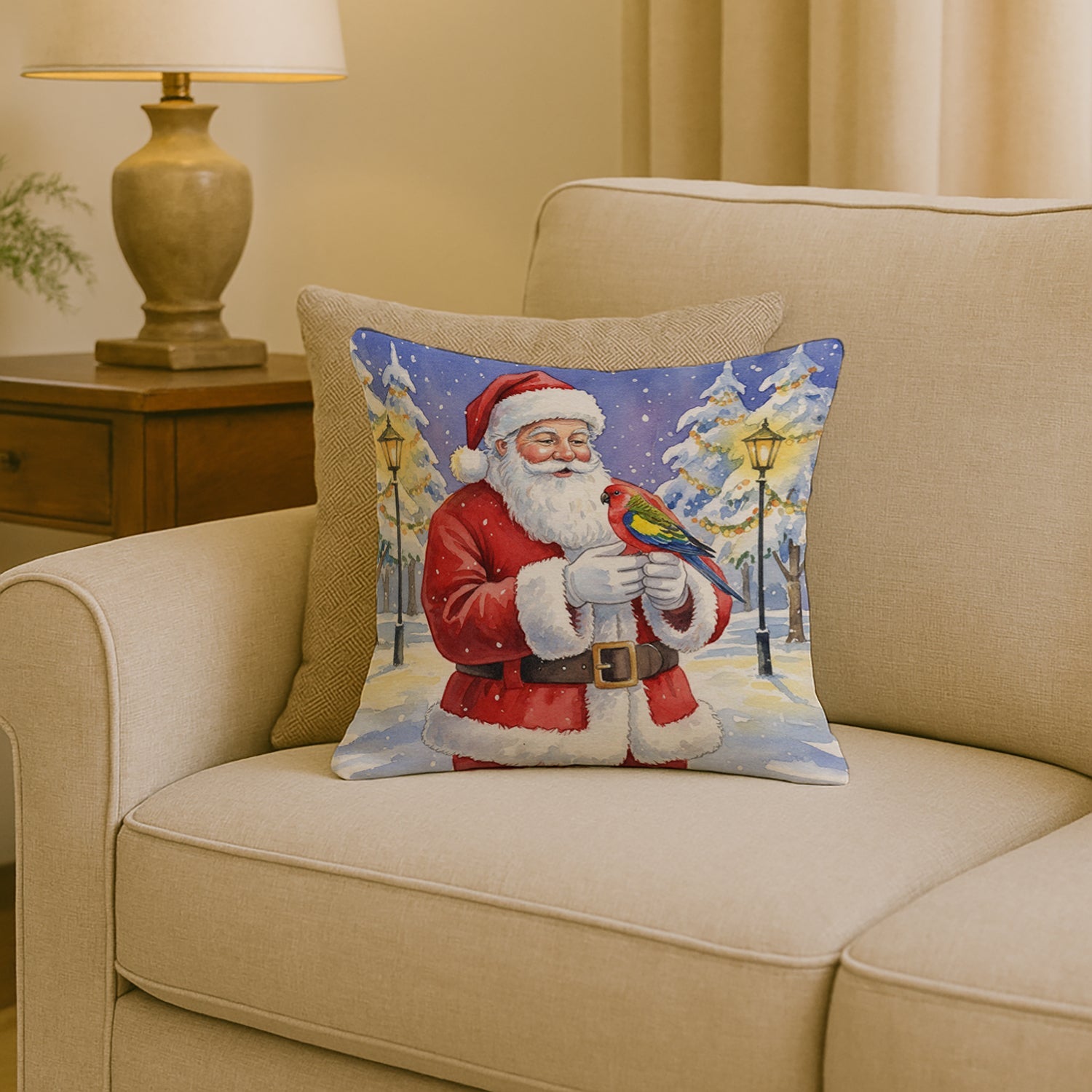 Eastern Rosella with Santa Claus Decorative Throw Pillow 18x18 Indoor Outdoor Accent Cushion, Fabric Cover with Insert for Sofa, Bed, Porch & Living Room