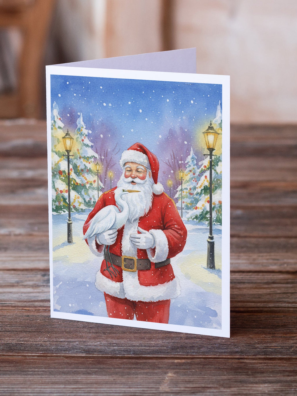 Egret with Santa Claus Greeting Cards Pack of 8 Blank Cards with Envelopes Whimsical A7 Size 5x7