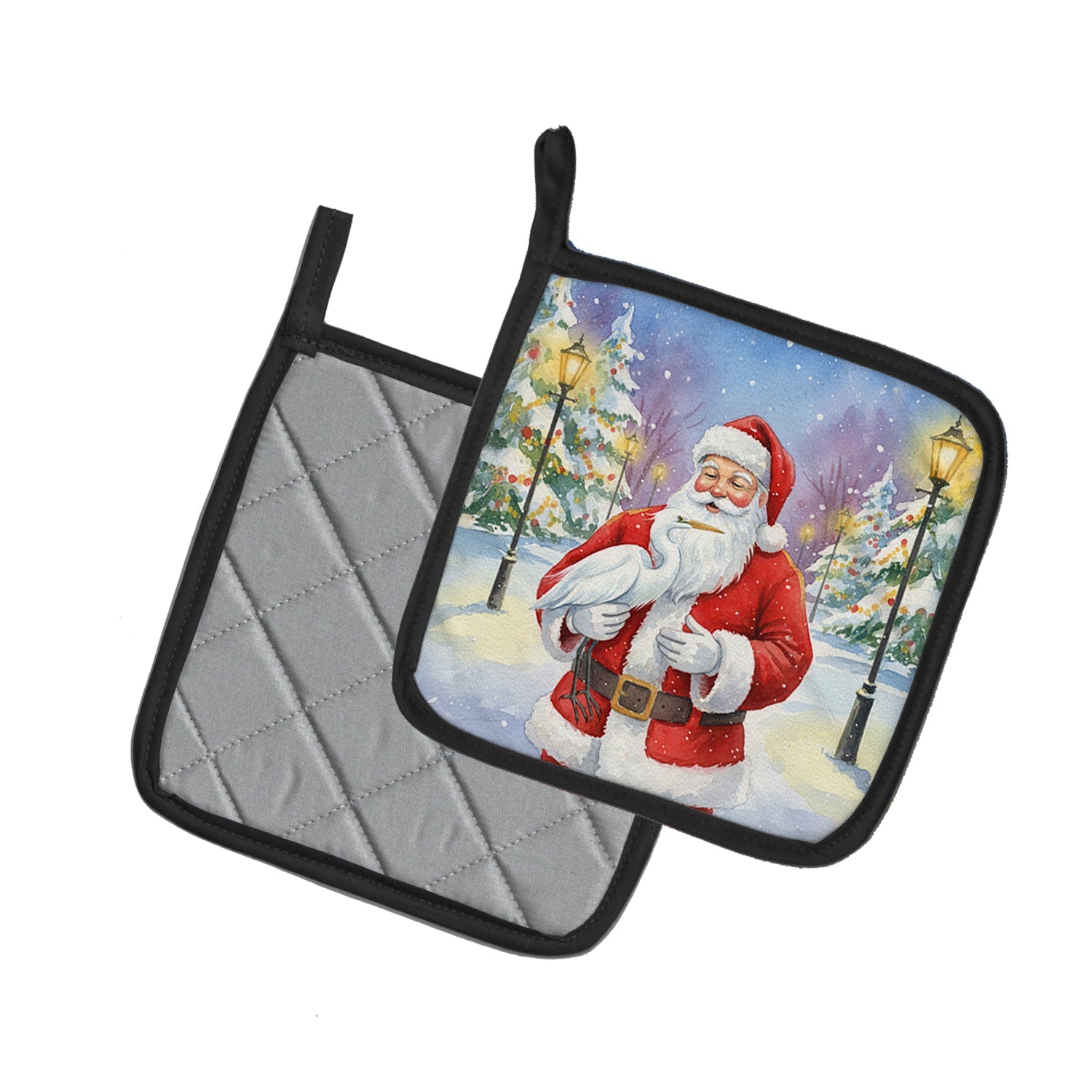 Egret with Santa Claus Pot Holder Set of 2 Heat Resistant Quilted Hot Pads 7.5 x 7.5 Inch, Insulated Kitchen Trivets for Cooking & Baking